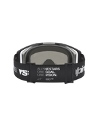 Alpinestars Maschere Vision 8 Ambra Specchiata, maschere da motocross nere e argento, vista posteriore con ampio cinturino regolabile, stampa del logo e motto One Goal One Vision, lenti a specchio
