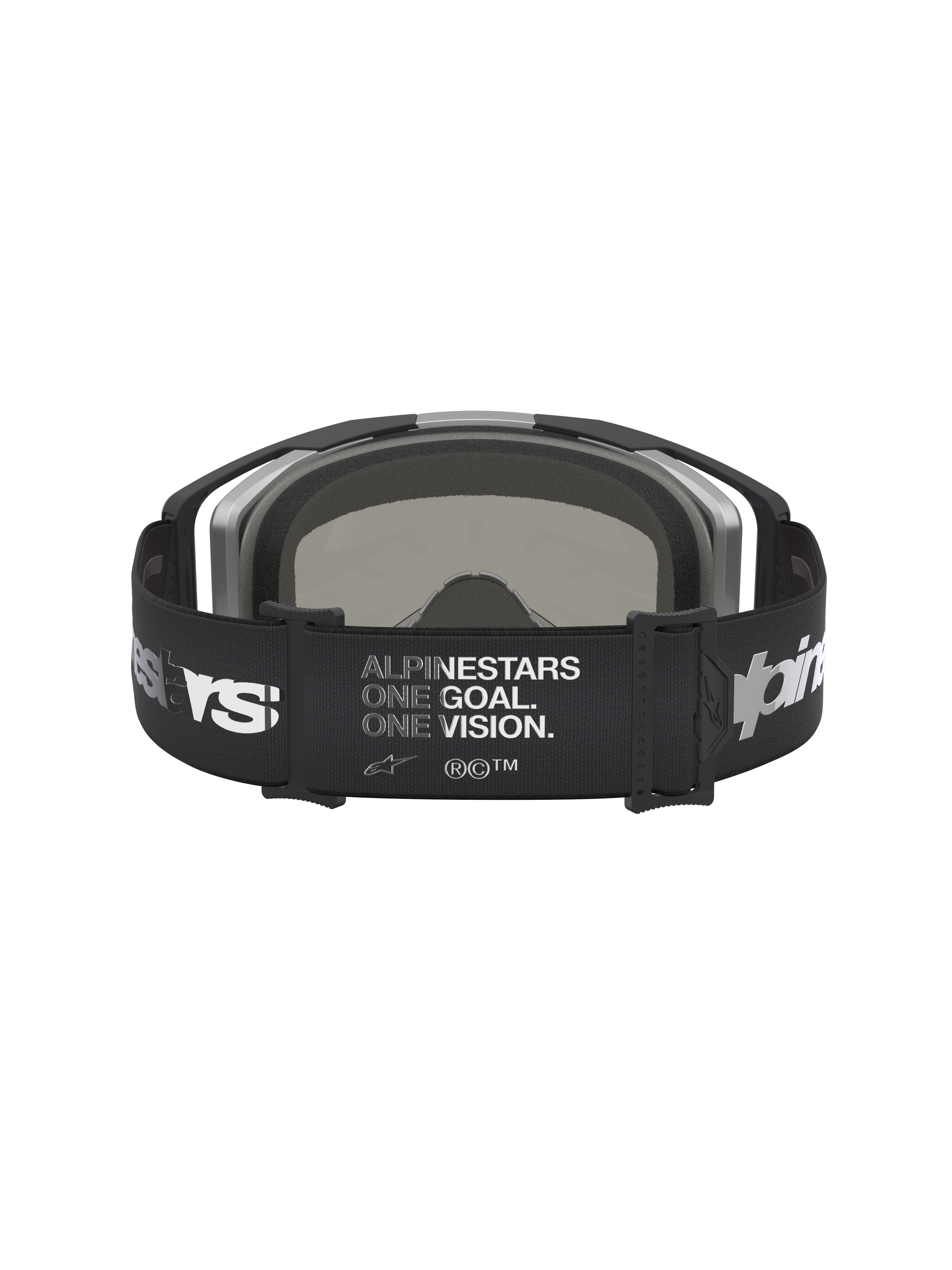 Alpinestars Maschere Vision 8 Ambra Specchiata, maschere da motocross nere e argento, vista posteriore con ampio cinturino regolabile, stampa del logo e motto One Goal One Vision, lenti a specchio