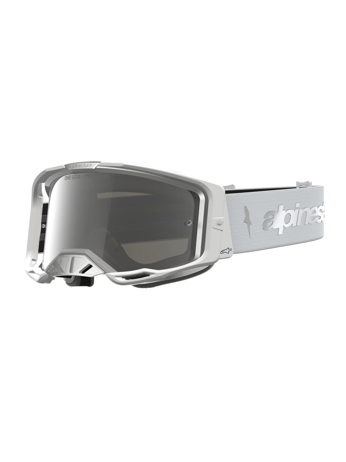 Alpinestars maschere Vision 8 Amber, occhiali da motocross bianchi e argento con lente specchiata argento antiappannamento e sistema di ventilazione RAM-AIR.