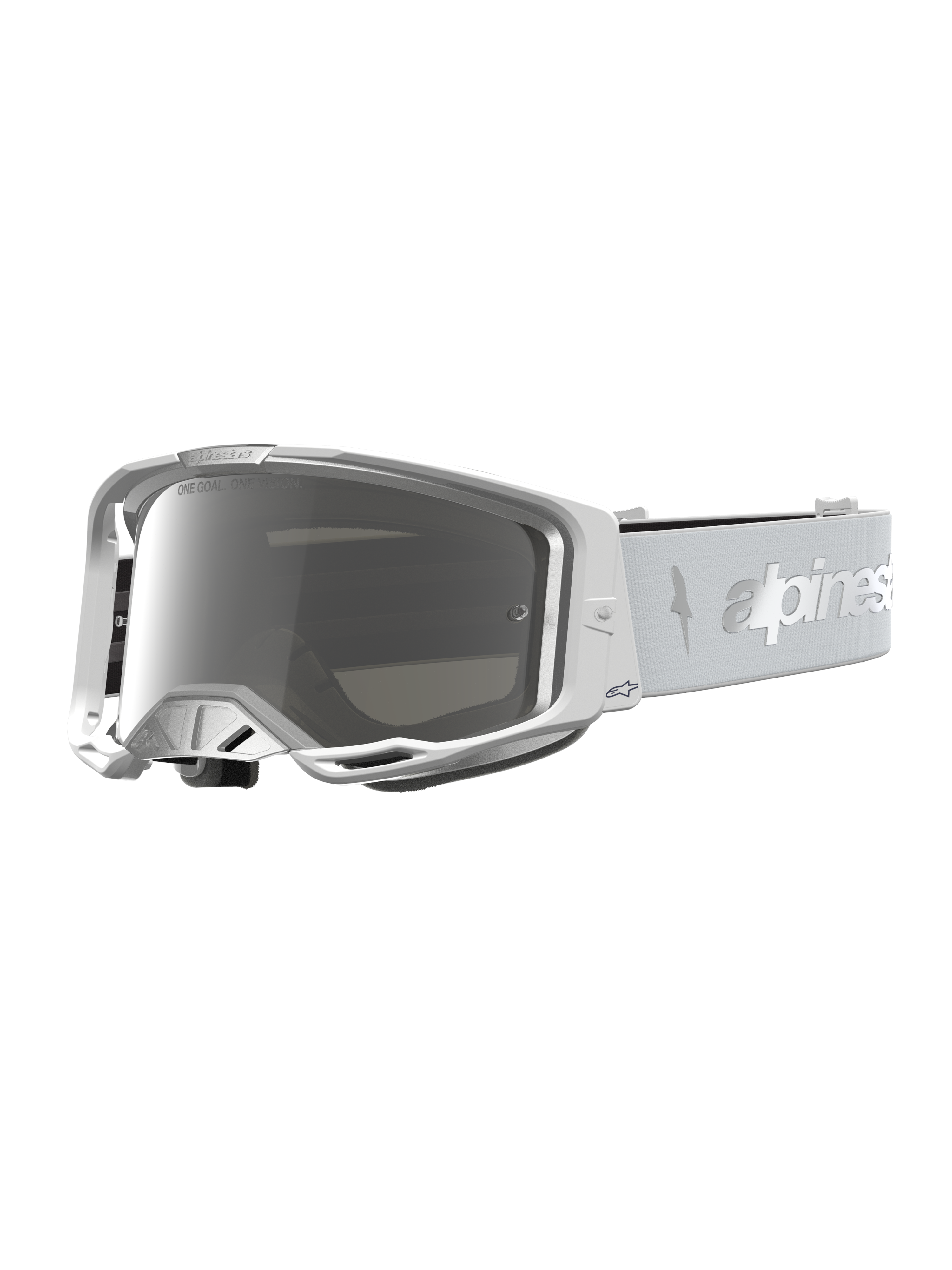 Alpinestars maschere Vision 8 Amber, occhiali da motocross bianchi e argento con lente specchiata argento antiappannamento e sistema di ventilazione RAM-AIR.