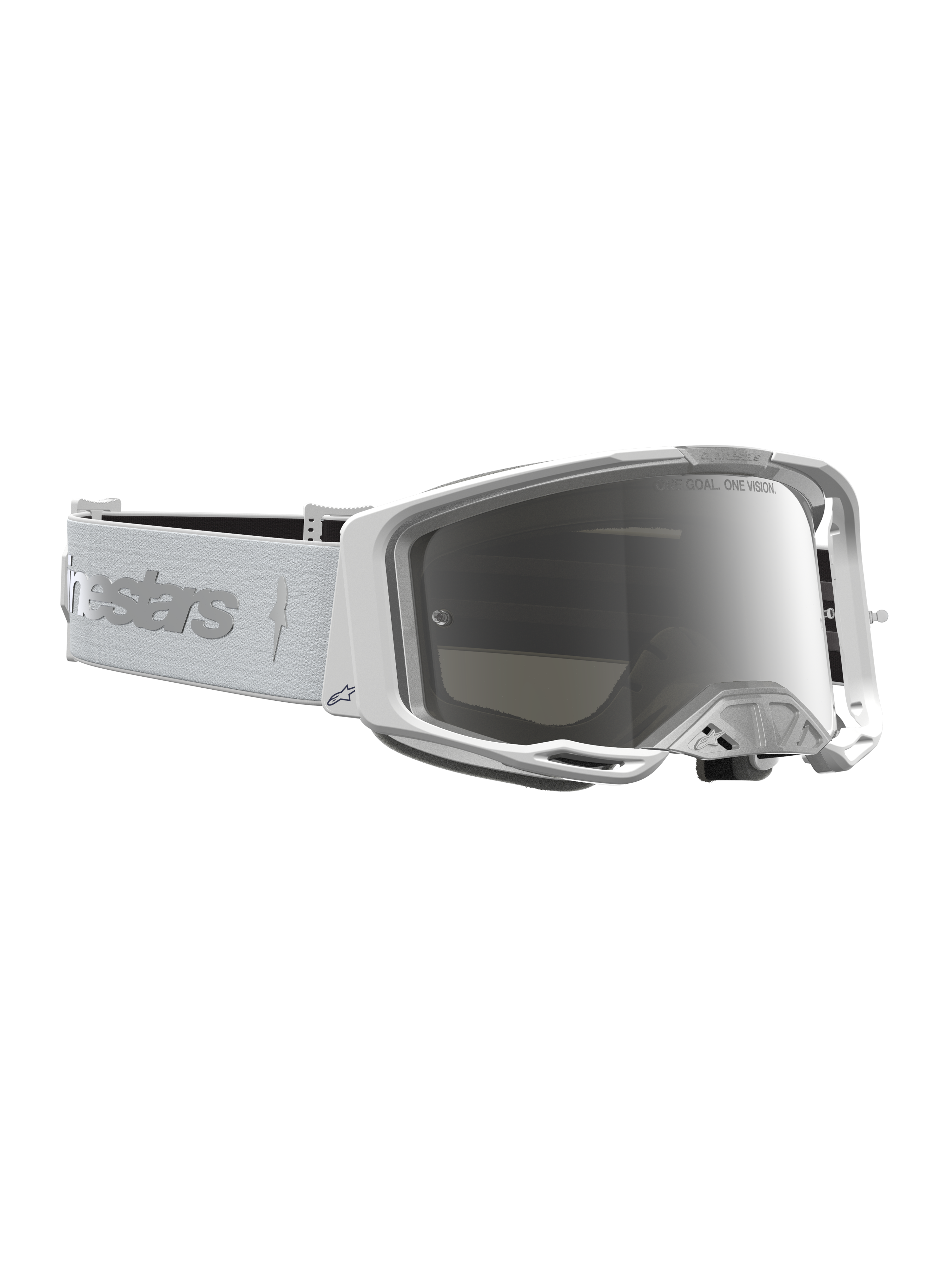 Alpinestars Maschere Vision 8 Amber per motocross, bianche e argento con lente specchiata e telaio A-FLEX flessibile.