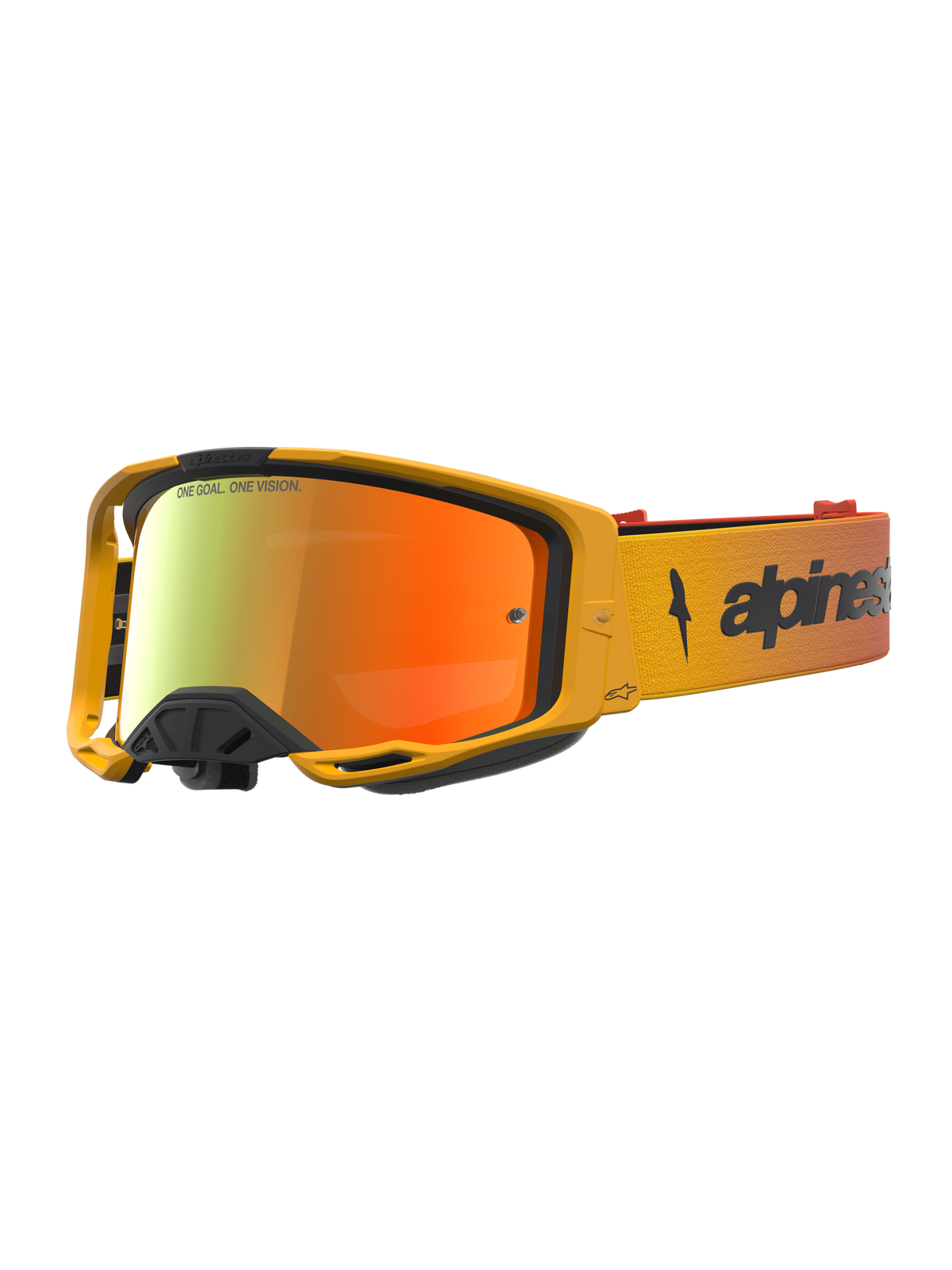 Alpinestars Maschere Vision 8 Amber Mirror, maschere da motocross gialle, lente rossa specchiata, telaio A-FLEX antiappannamento.
