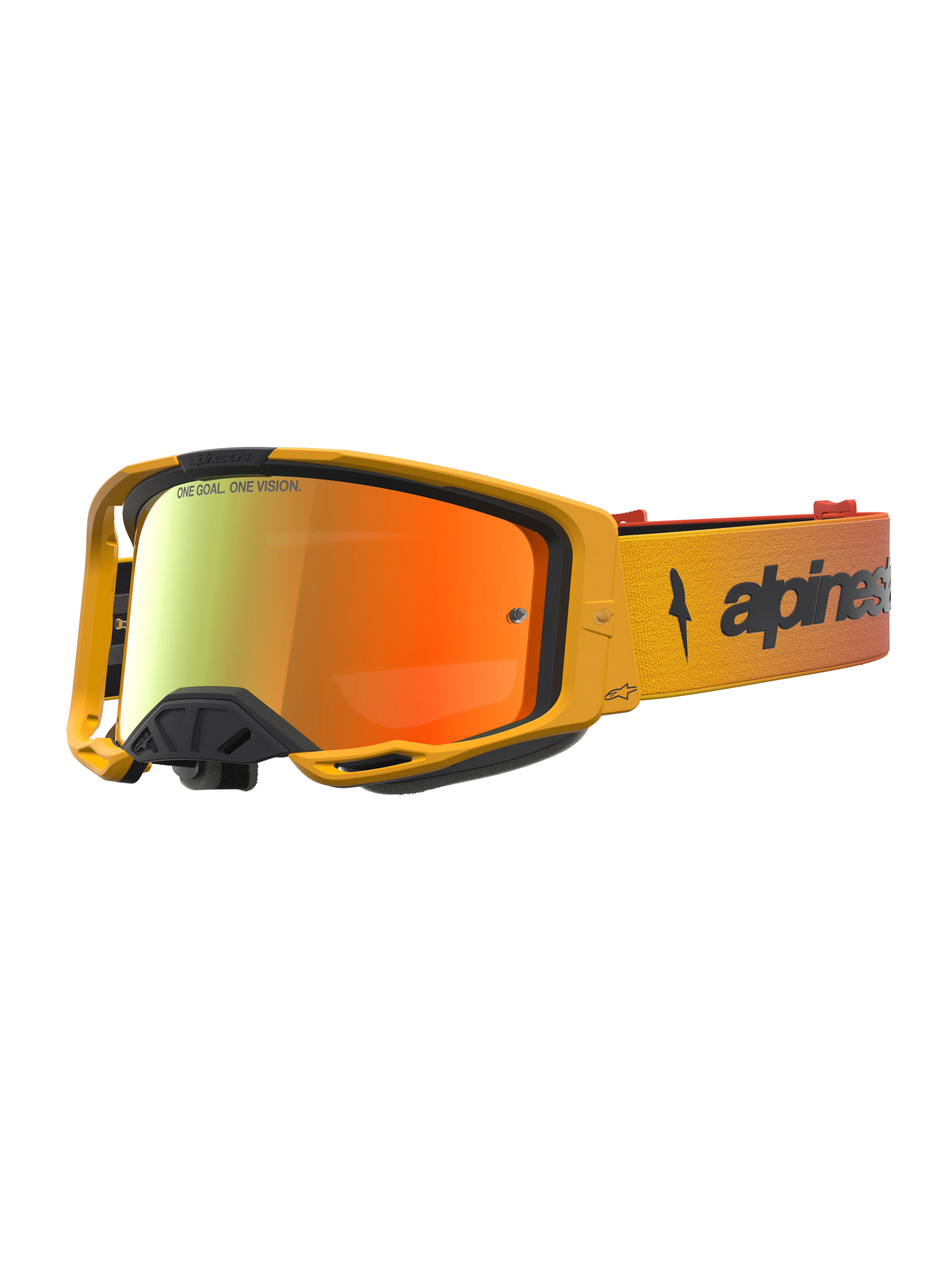 Alpinestars Maschere Vision 8 Amber Mirror, maschere da motocross gialle, lente rossa specchiata, telaio A-FLEX antiappannamento.