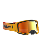 Maschere Alpinestars Vision 8 Amber Mirror, occhiali da motocross, telaio ambra, lente specchiata rossa e cinturino arancione.