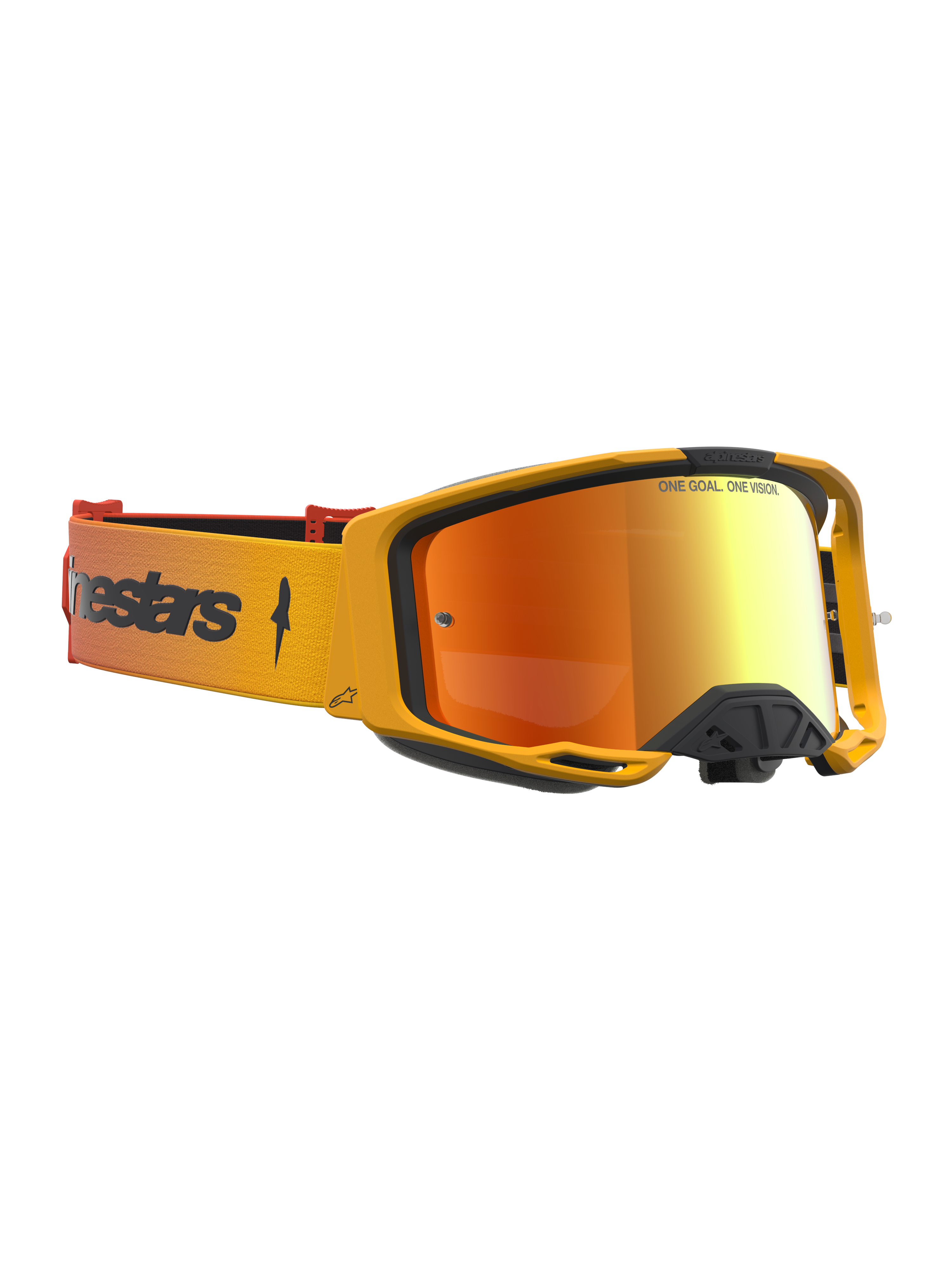Maschere Alpinestars Vision 8 Amber Mirror, occhiali da motocross, telaio ambra, lente specchiata rossa e cinturino arancione.