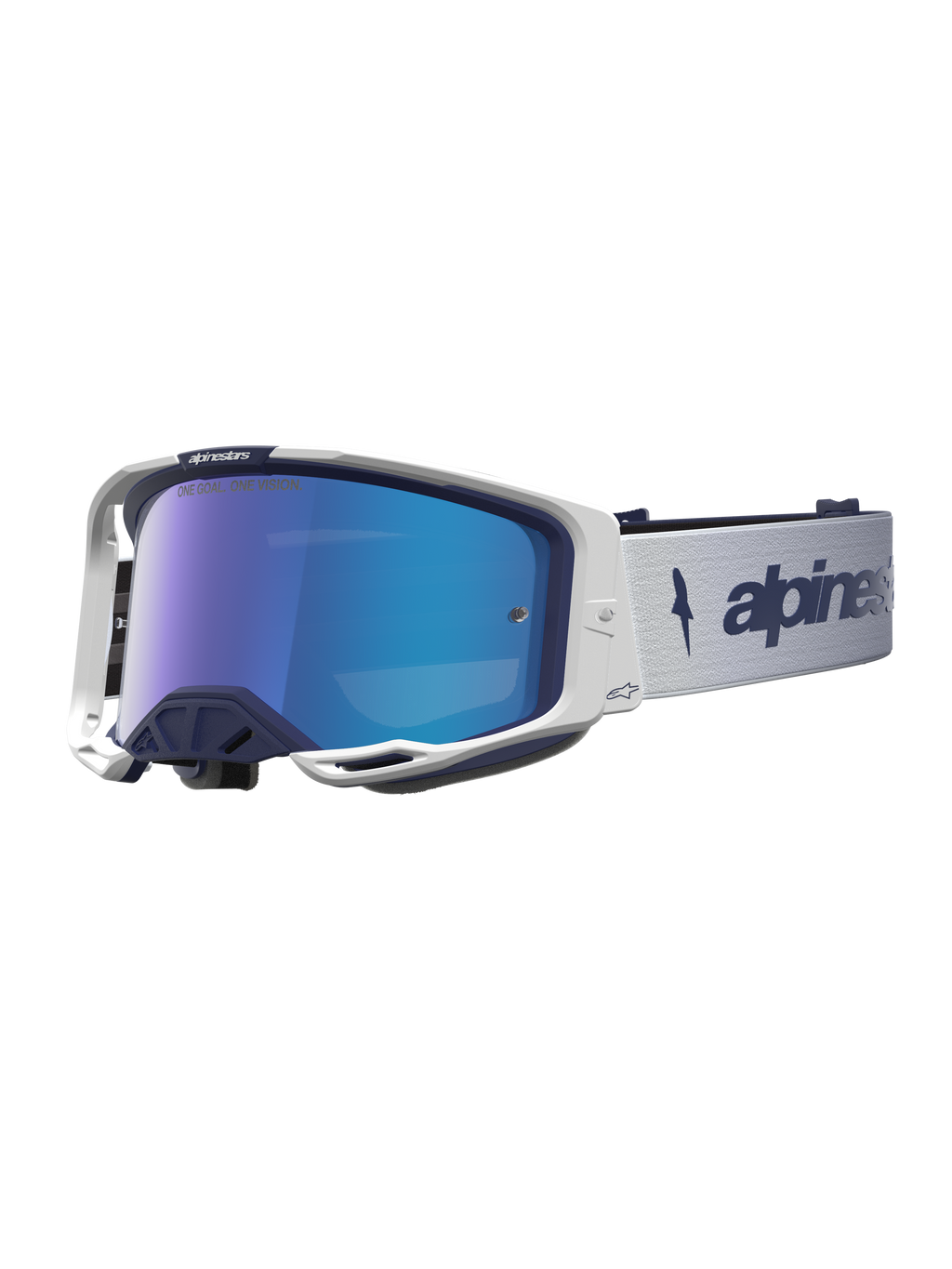 Alpinestars Maschere Vision 8 Amber Mirror, occhiali motocross, bianco e blu navy, lente blu specchiata e telaio A-FLEX.