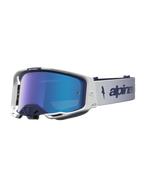 Alpinestars Maschere Vision 8 Amber Mirror, occhiali motocross, bianco e blu navy, lente blu specchiata e telaio A-FLEX.