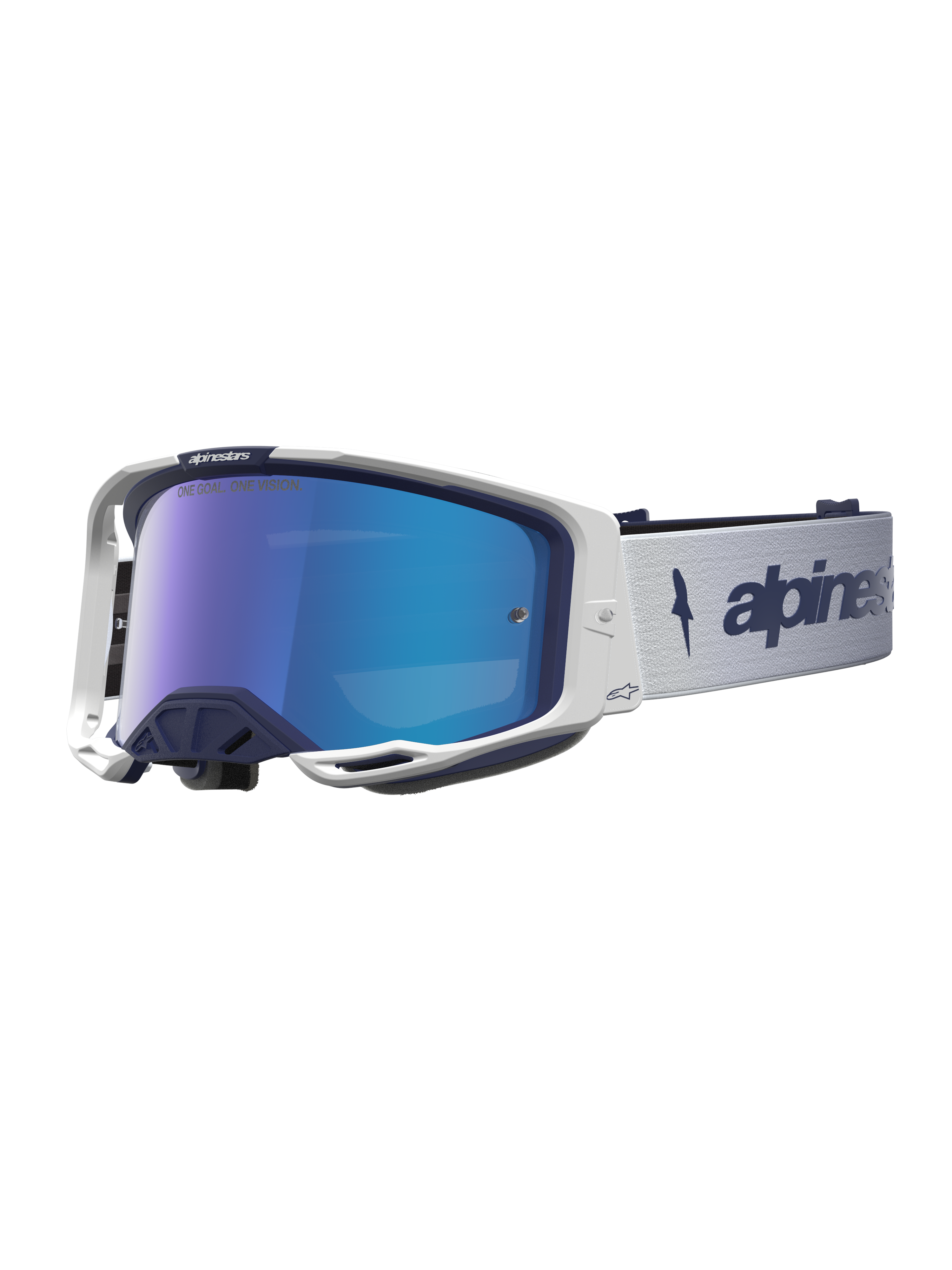 Alpinestars Maschere Vision 8 Amber Mirror, occhiali motocross, bianco e blu navy, lente blu specchiata e telaio A-FLEX.