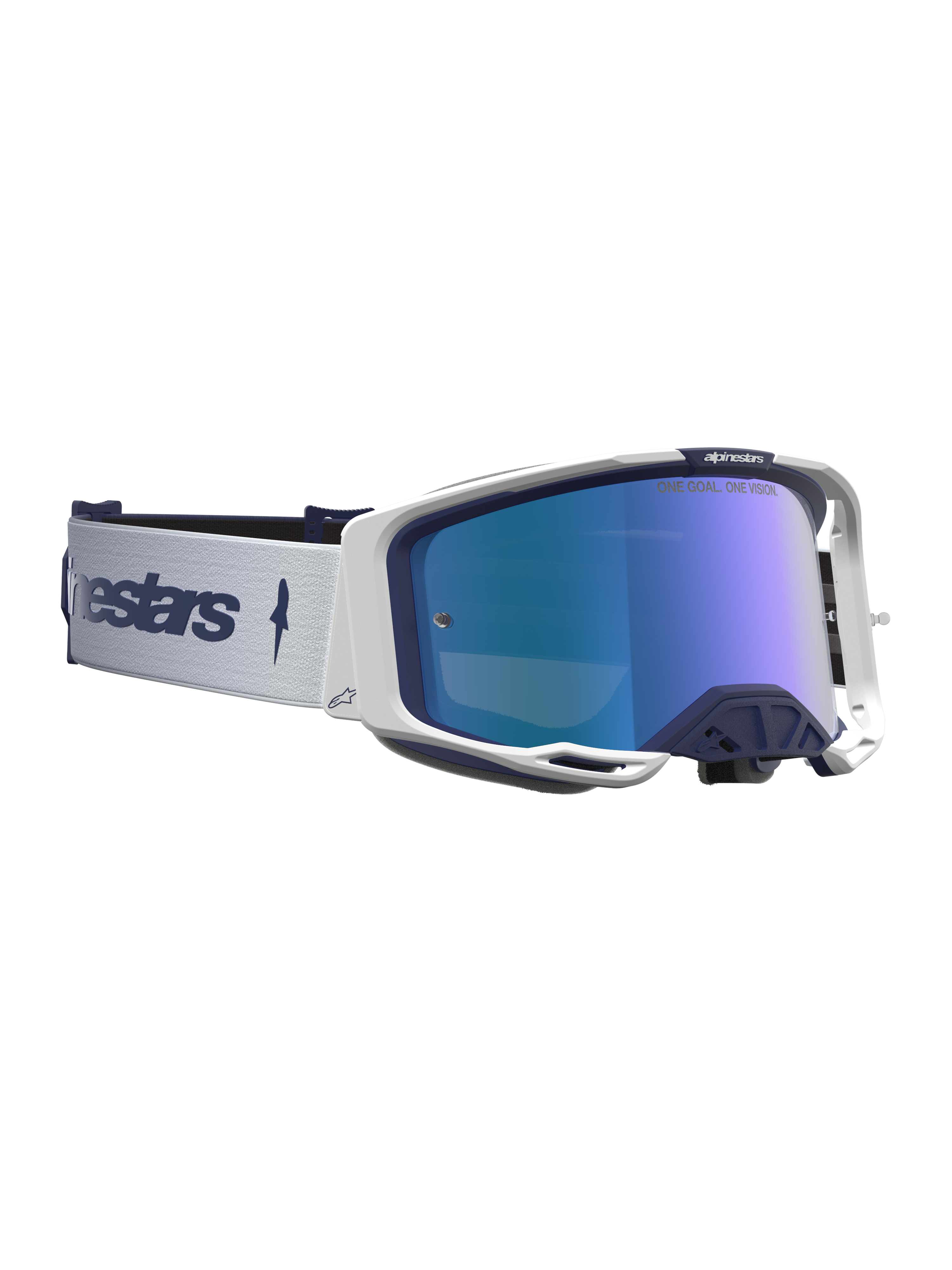 Alpinestars Maschere Vision 8 Amber Mirror, maschere da motocross per uomo, bianco e blu, con lente a specchio blu e sistema di ventilazione RAM-AIR.