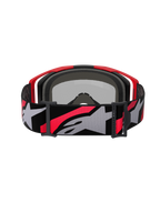 Occhiali Alpinestars Vision 8 Luar, occhiali da motocross, rosso, nero e argento a specchio, ampia fascia intrecciata con vistoso logo Alpinestars grigio e rosso, vista posteriore con imbottitura interna nera e telaio rosso, occhiali protettivi ad alte prestazioni
