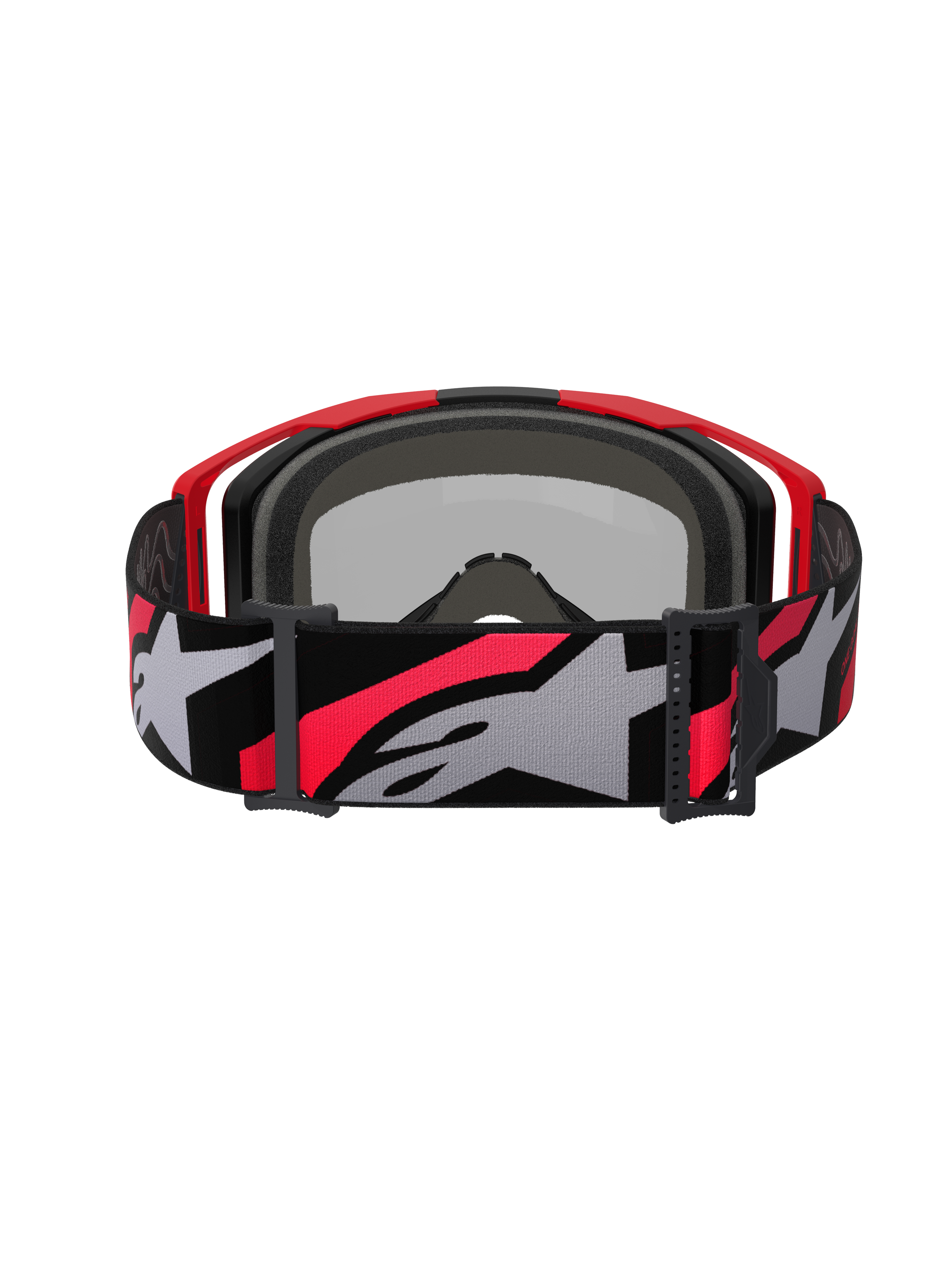 Occhiali Alpinestars Vision 8 Luar, occhiali da motocross, rosso, nero e argento a specchio, ampia fascia intrecciata con vistoso logo Alpinestars grigio e rosso, vista posteriore con imbottitura interna nera e telaio rosso, occhiali protettivi ad alte prestazioni