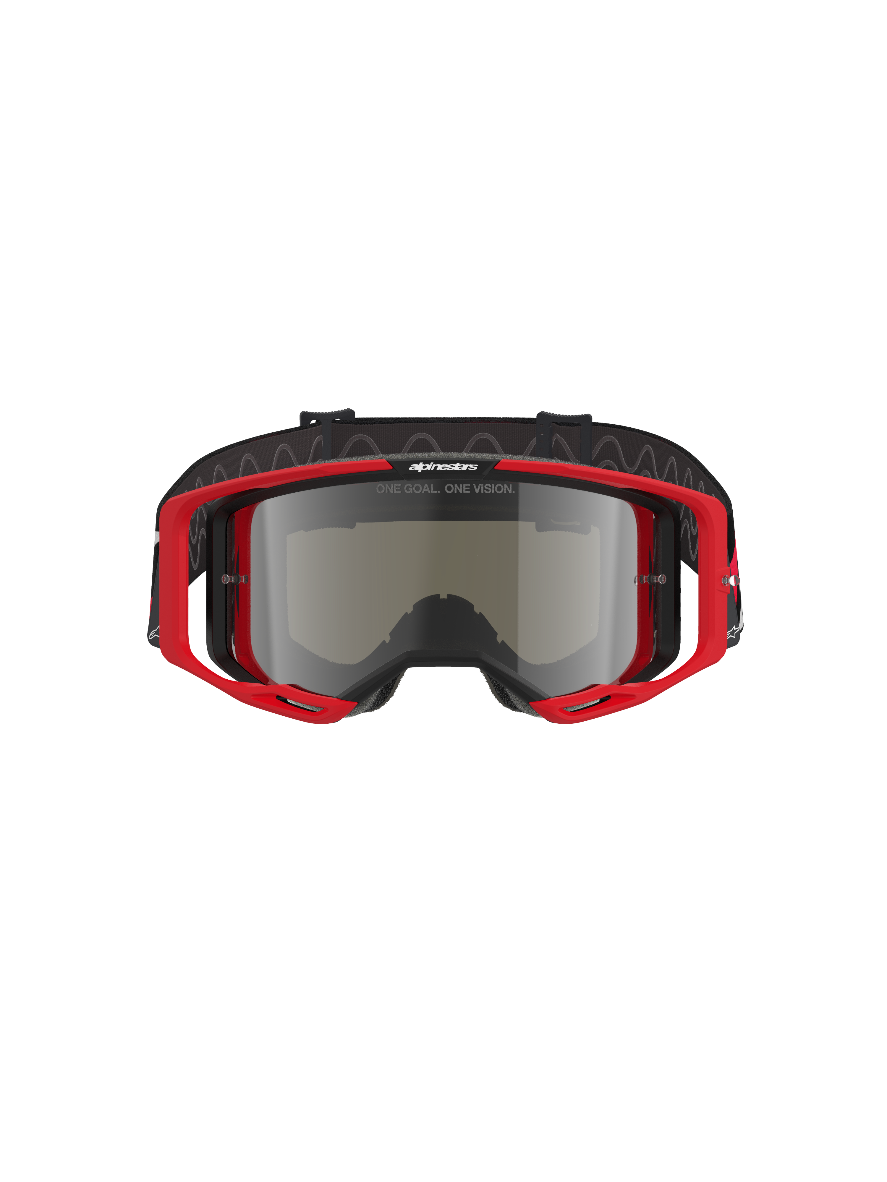 Alpinestars Vision 8 Luar Goggles, maschere da motocross, montatura rossa e nera con lente a specchio argento, design ad alte prestazioni con ampio campo visivo, branding evidente su fascia e montatura, adatte per competizioni off-road e motocross