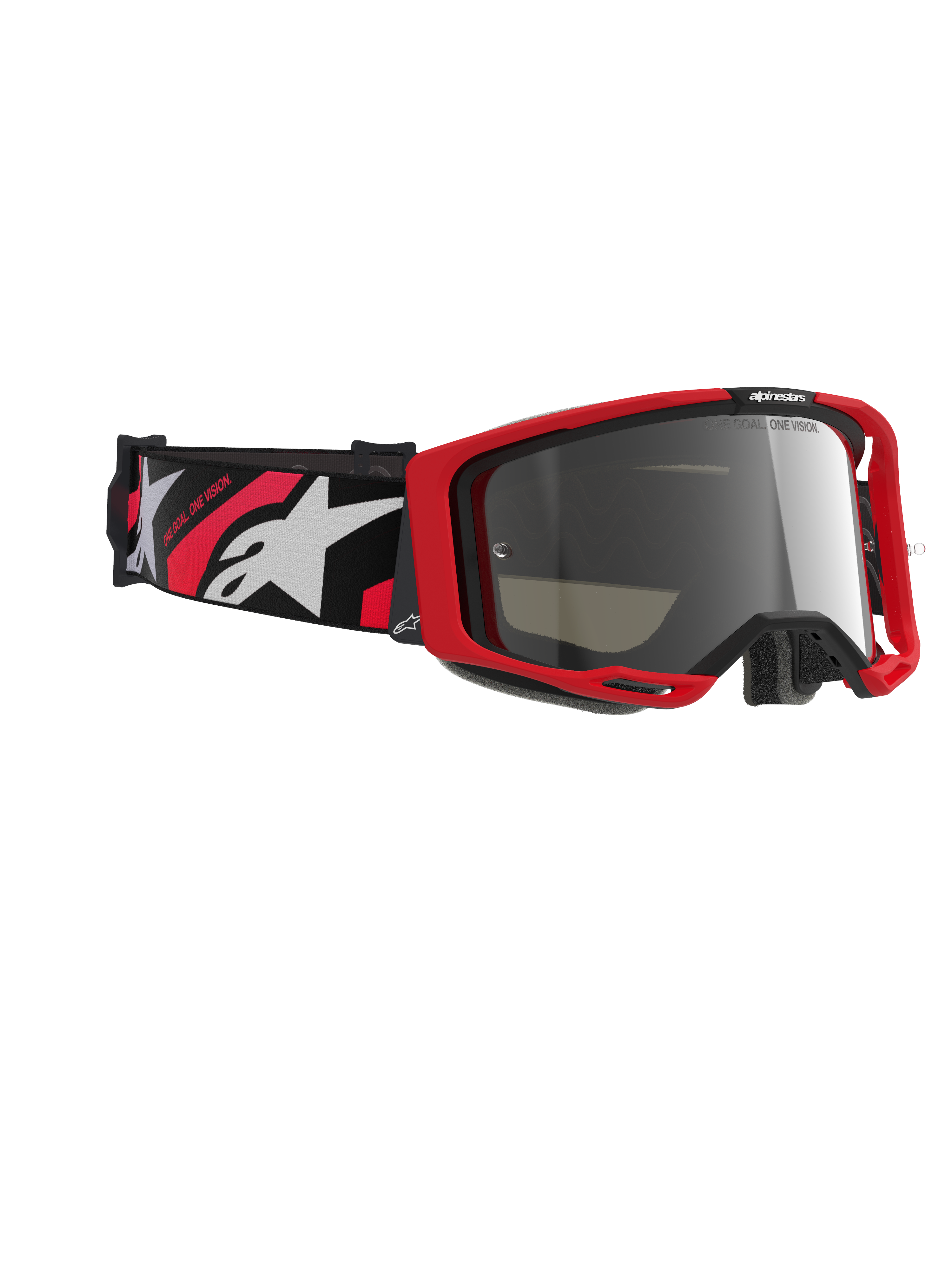 Alpinestars Vision 8 Luar Goggles, occhiali da motocross, montatura rossa e nera con lente a specchio argento, caratterizzati da un'ampia fascia intrecciata con logo Alpinestars rosso e bianco e testo "ONE GOAL. ONE VISION.", occhiali protettivi ad alte prestazioni per gare fuoristrada