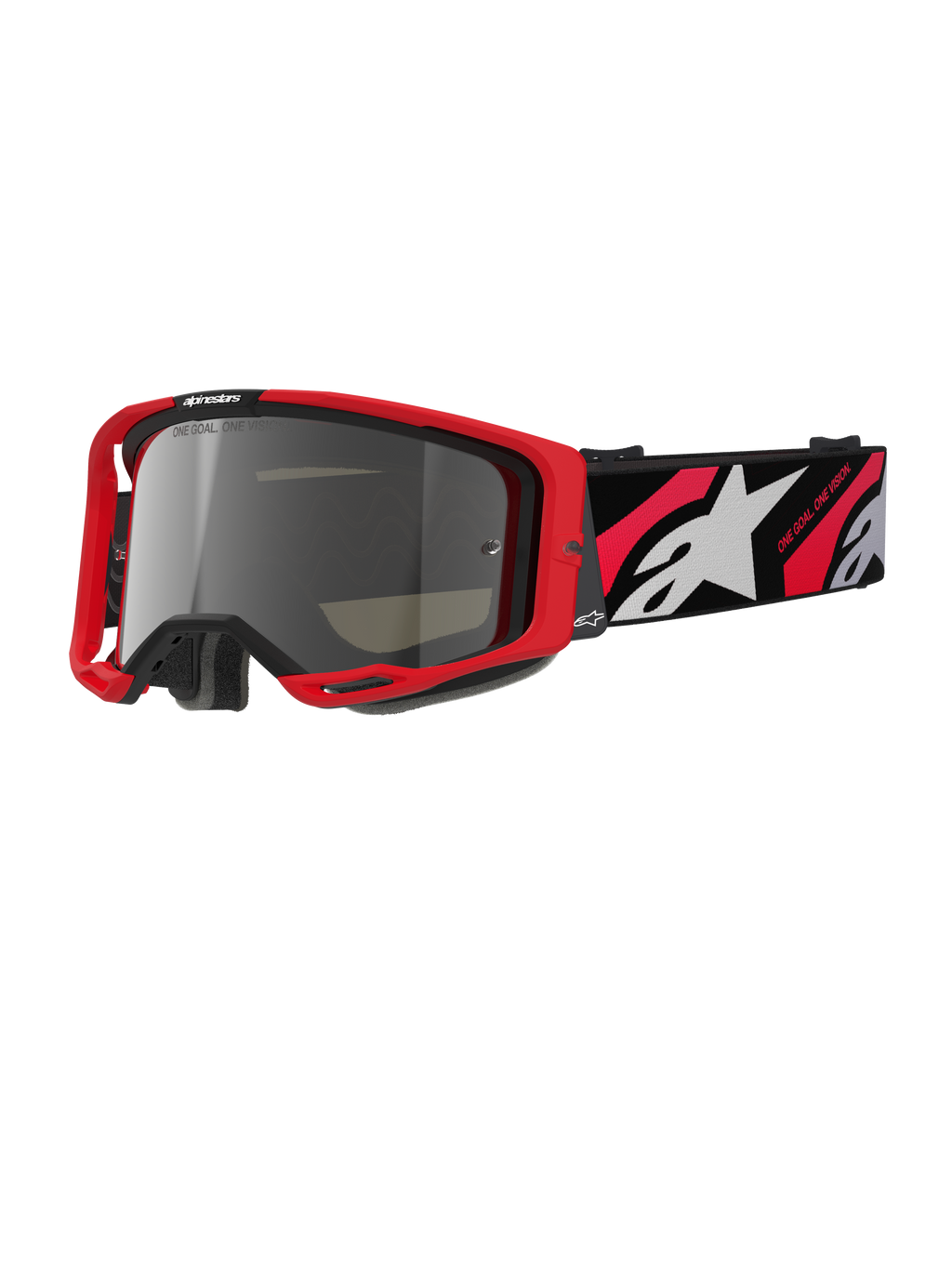 Alpinestars Vision 8 Luar Goggles, occhiali da motocross off-road, montatura rossa e nera, lente a specchio argento, ampia fascia regolabile con logo a stella bianco e scritta 'One Goal. One Vision.', design ad alte prestazioni per gare di motocross