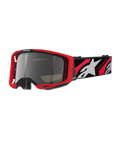 Alpinestars Vision 8 Luar Goggles, occhiali da motocross off-road, montatura rossa e nera, lente a specchio argento, ampia fascia regolabile con logo a stella bianco e scritta 'One Goal. One Vision.', design ad alte prestazioni per gare di motocross