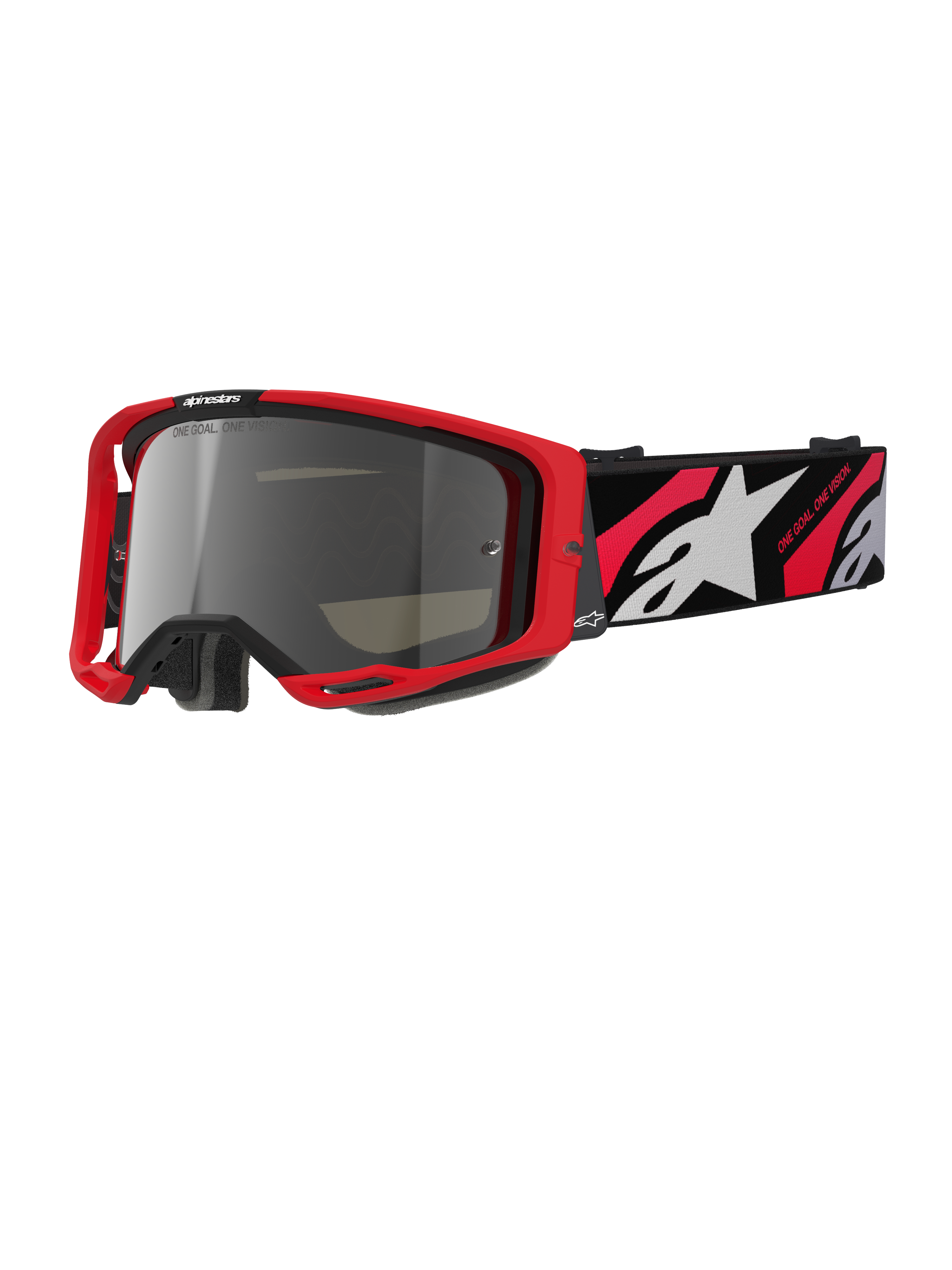 Alpinestars Vision 8 Luar Goggles, occhiali da motocross off-road, montatura rossa e nera, lente a specchio argento, ampia fascia regolabile con logo a stella bianco e scritta 'One Goal. One Vision.', design ad alte prestazioni per gare di motocross