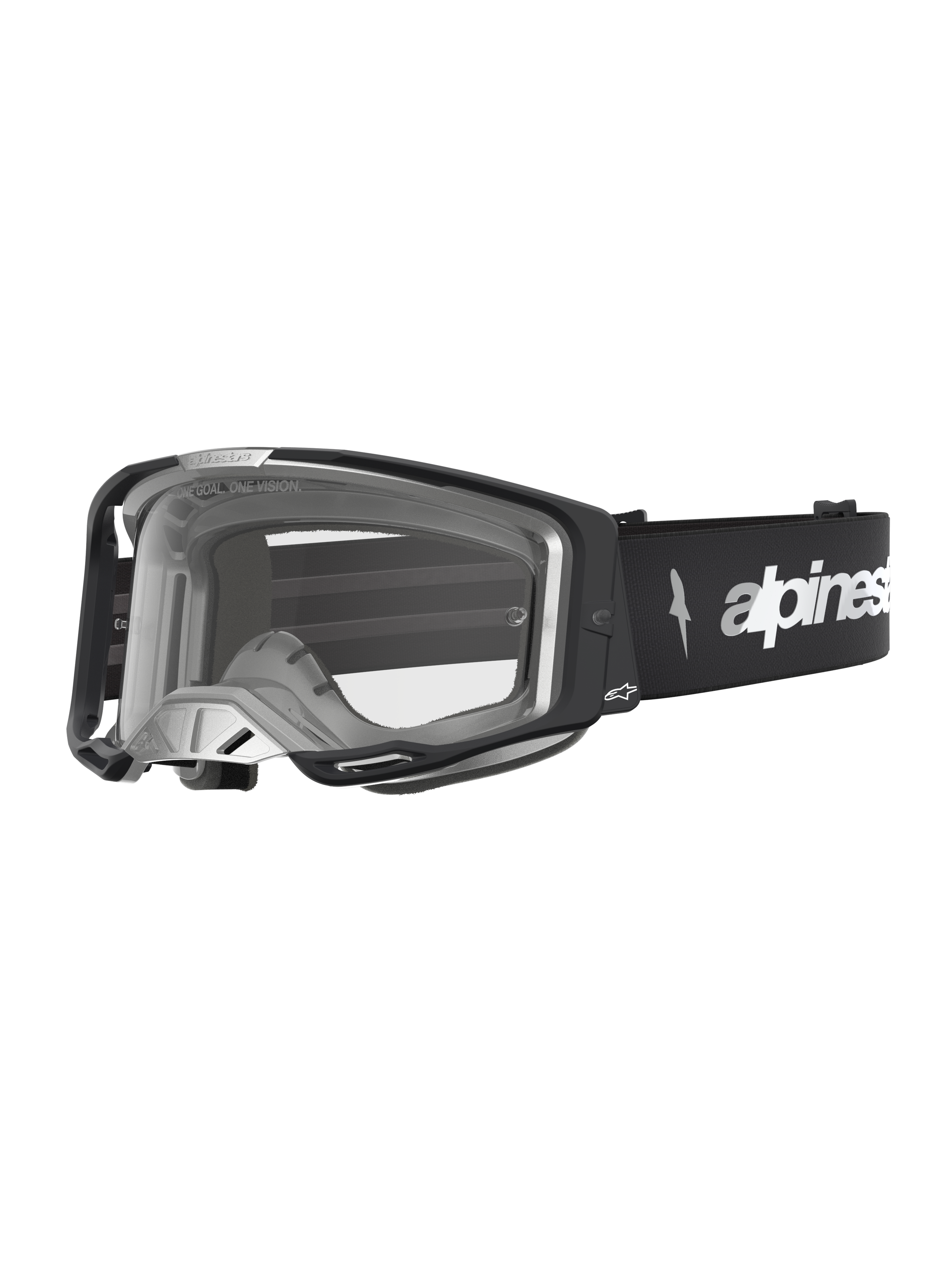 Alpinestars Maschere Vision 8 Amber, maschere motocross uomo, nero e argento, lente trasparente e ventilazione RAM-AIR.