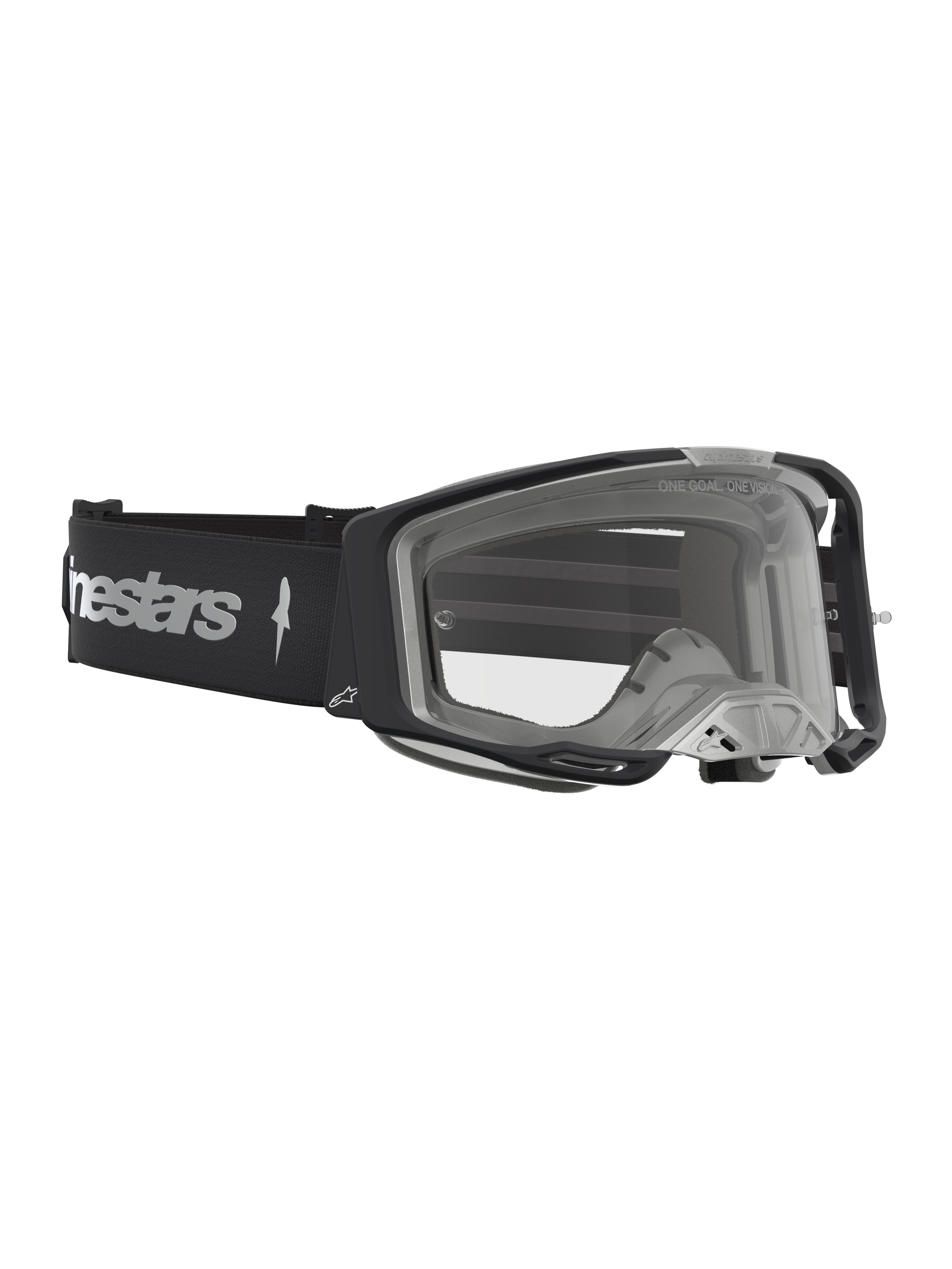 Alpinestars Maschere Vision 8 Amber, maschere da motocross racing, nero e argento, lente trasparente e telaio A-FLEX.