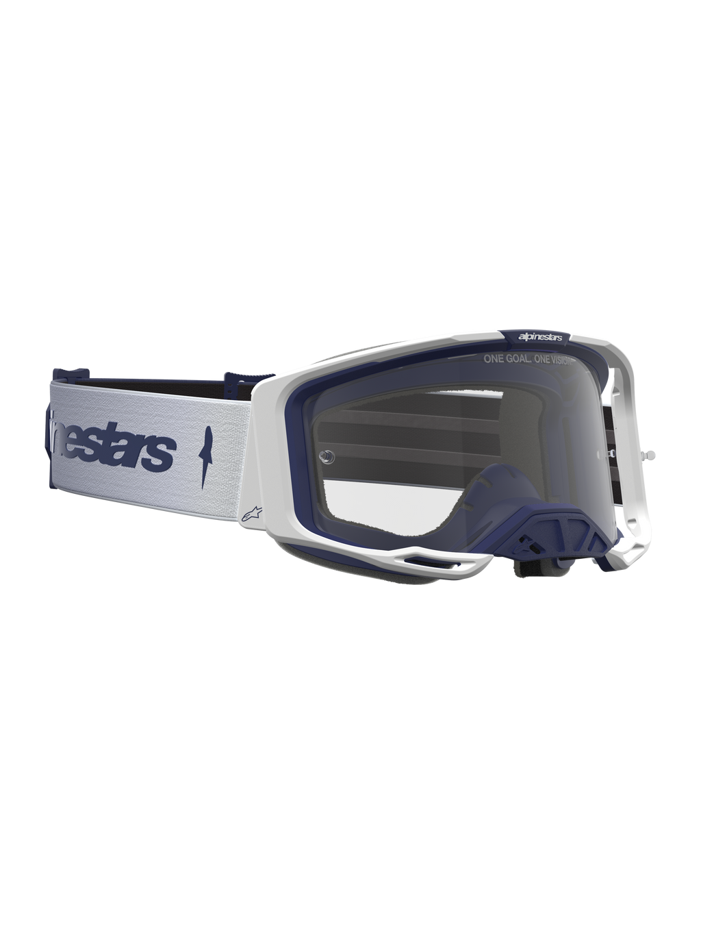 Maschere Alpinestars Vision 8 Amber da uomo, bianche e blu navy, con lente trasparente e telaio A-FLEX per il motocross.