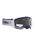 Maschere Alpinestars Vision 8 Amber da uomo, bianche e blu navy, con lente trasparente e telaio A-FLEX per il motocross.