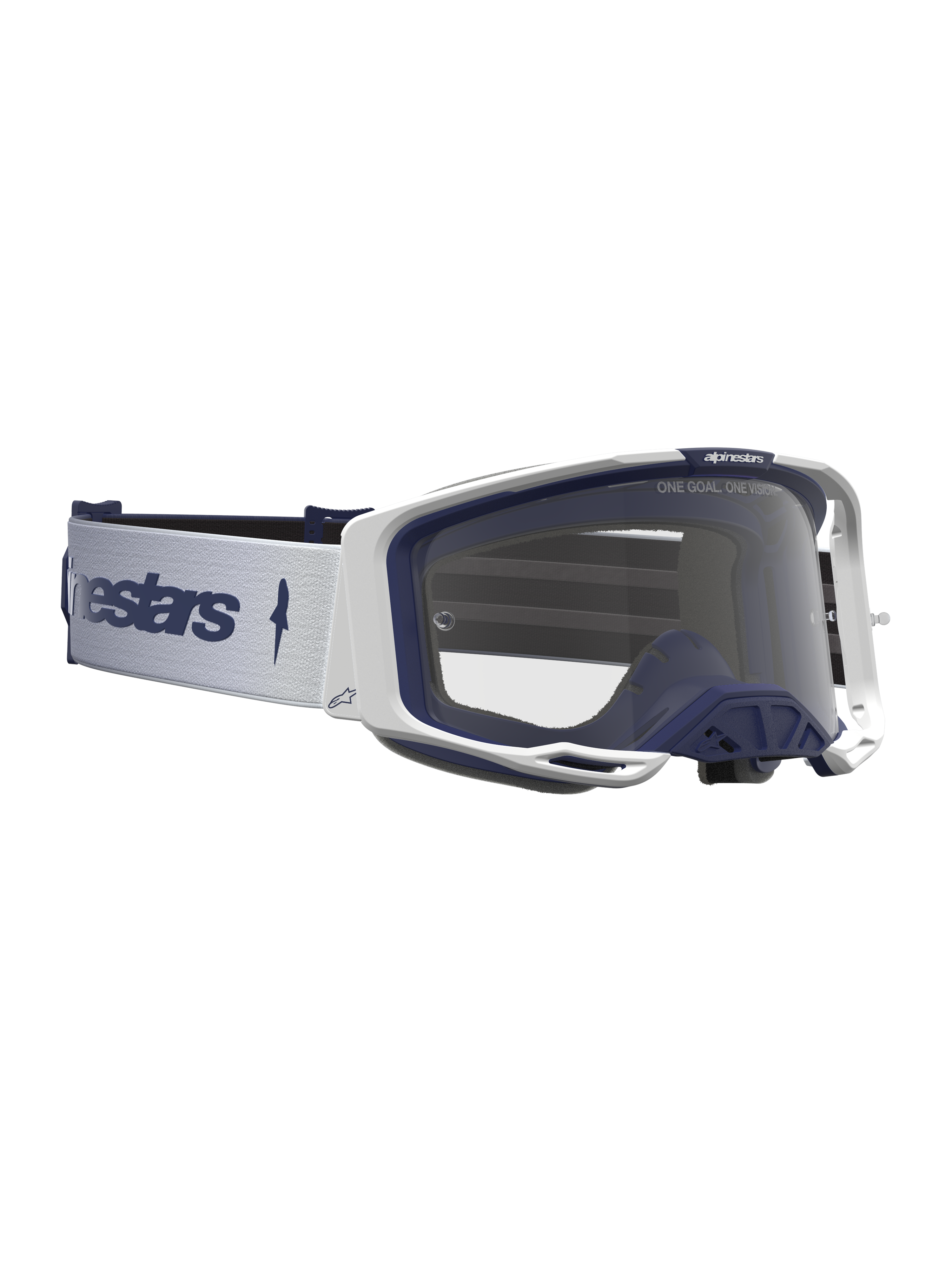Maschere Alpinestars Vision 8 Amber da uomo, bianche e blu navy, con lente trasparente e telaio A-FLEX per il motocross.