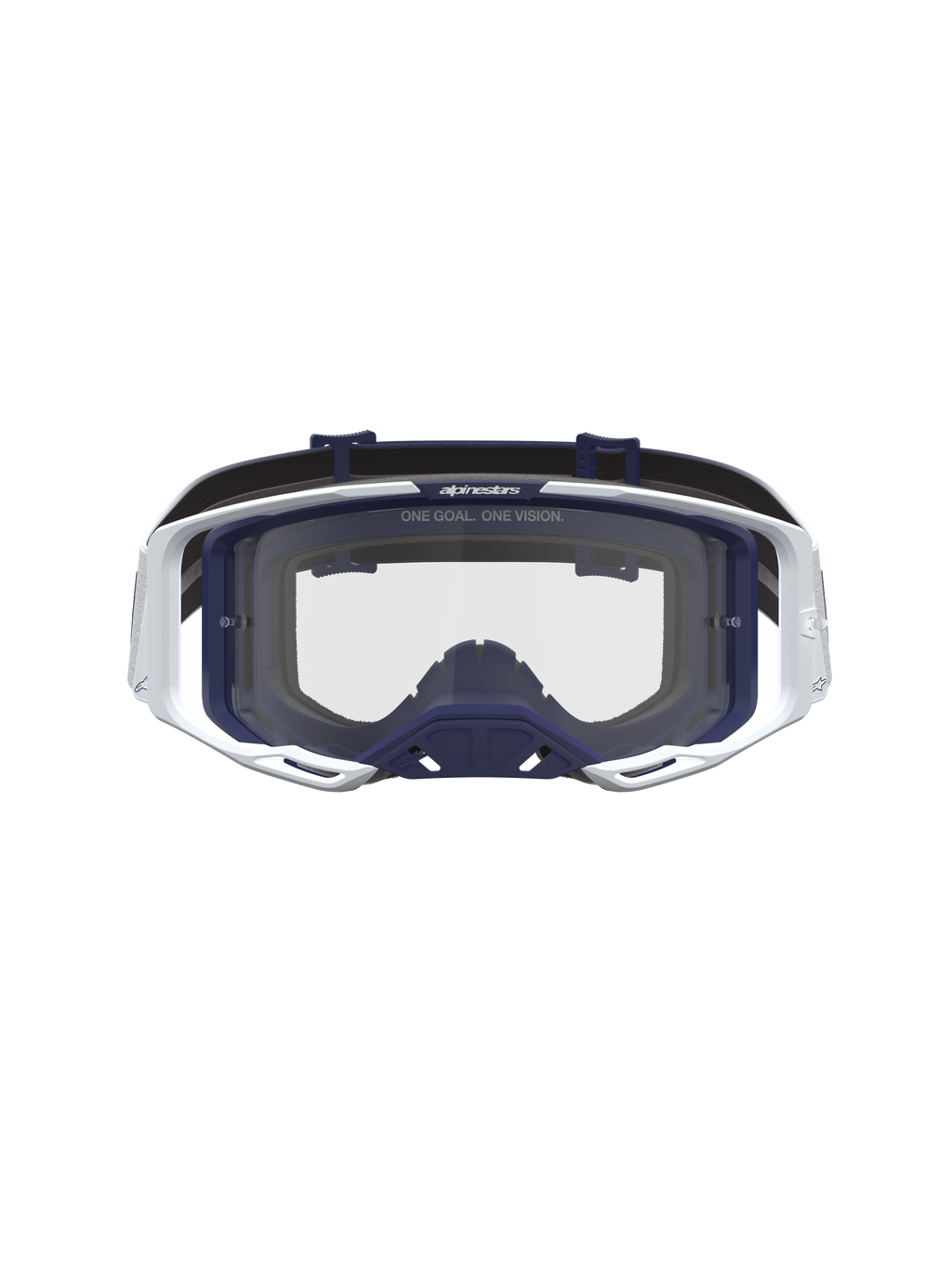 Maschere Alpinestars Vision 8 Amber, maschere da motocross bianche e blu navy con lente trasparente, telaio A-FLEX e ventilazione RAM-AIR per prestazioni off-road.