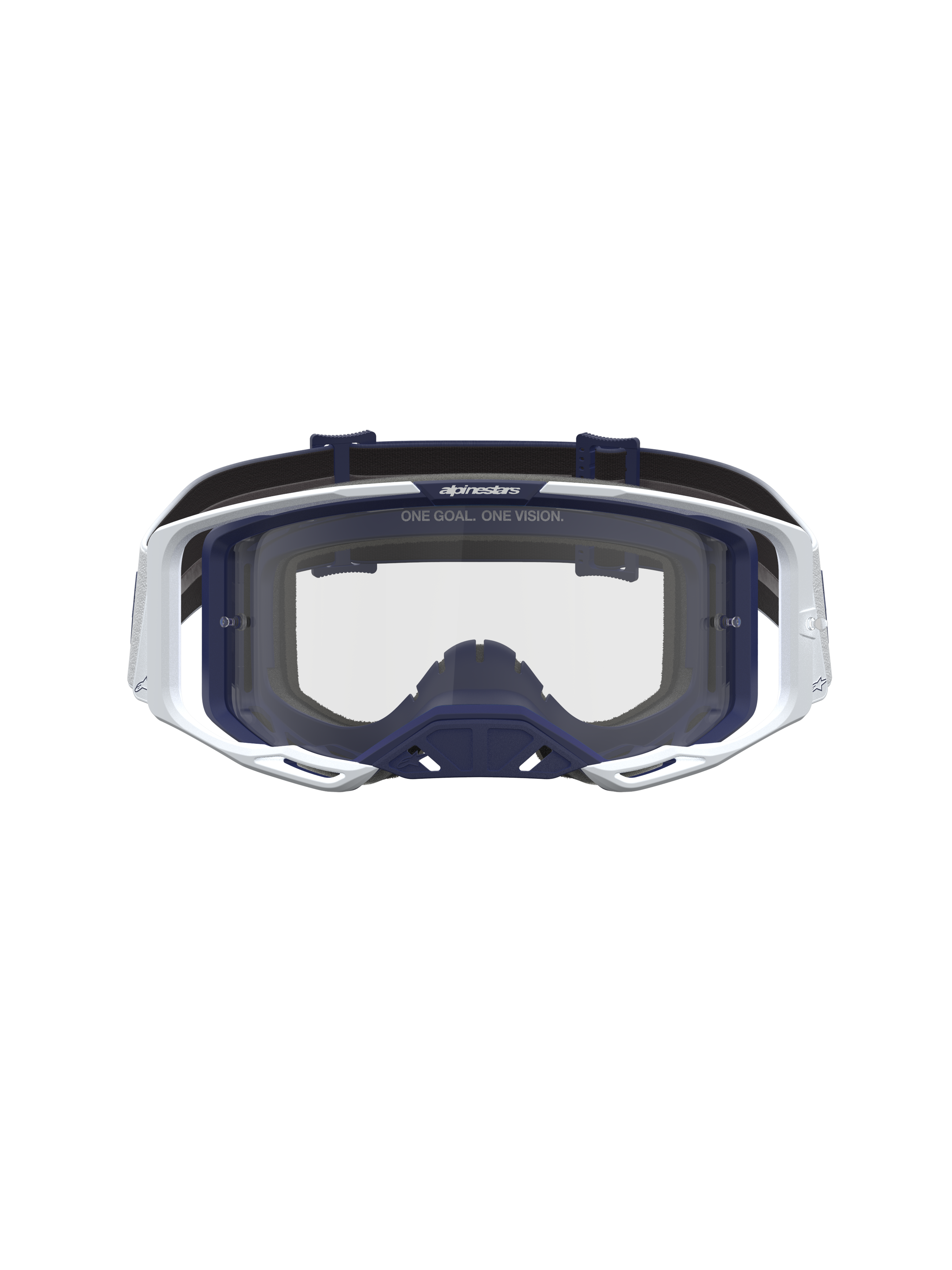 Maschere Alpinestars Vision 8 Amber, maschere da motocross bianche e blu navy con lente trasparente, telaio A-FLEX e ventilazione RAM-AIR per prestazioni off-road.