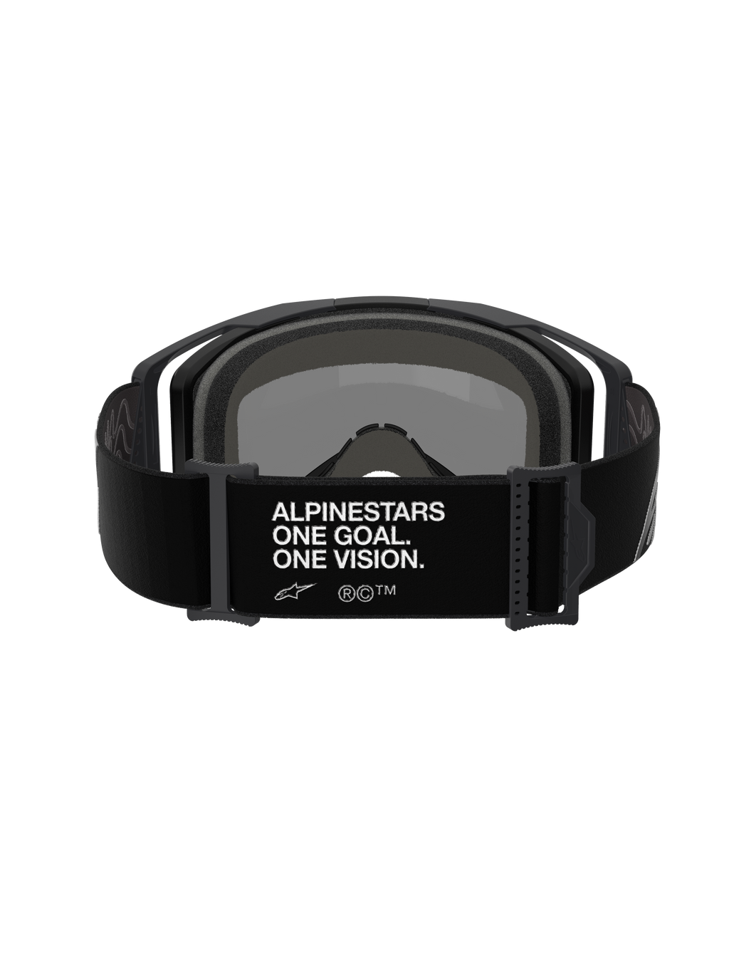 Maschera Alpinestars Vision 8 Corp, occhiali da motocross, vista posteriore della fascia regolabile nera con scritta bianca 'ALPINESTARS ONE GOAL. ONE VISION.', montatura nera e imbottitura in schiuma