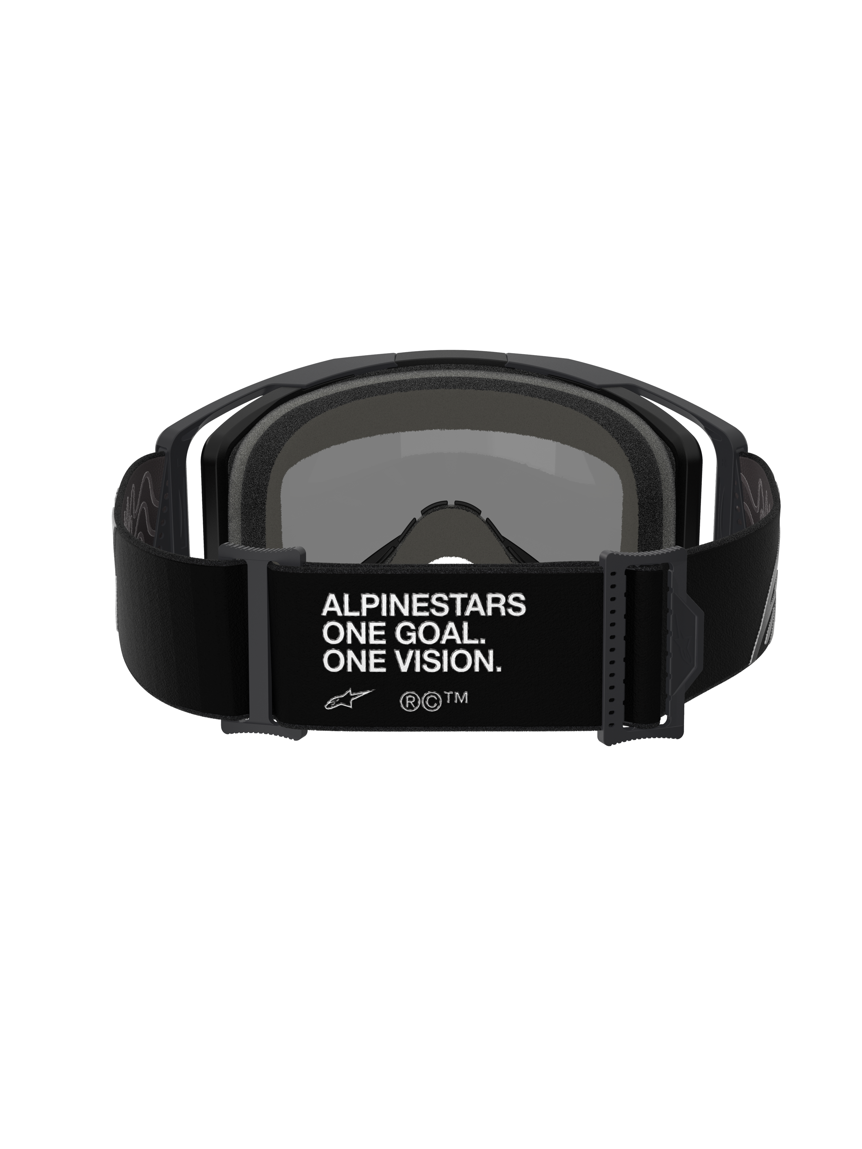 Maschera Alpinestars Vision 8 Corp, occhiali da motocross, vista posteriore della fascia regolabile nera con scritta bianca 'ALPINESTARS ONE GOAL. ONE VISION.', montatura nera e imbottitura in schiuma