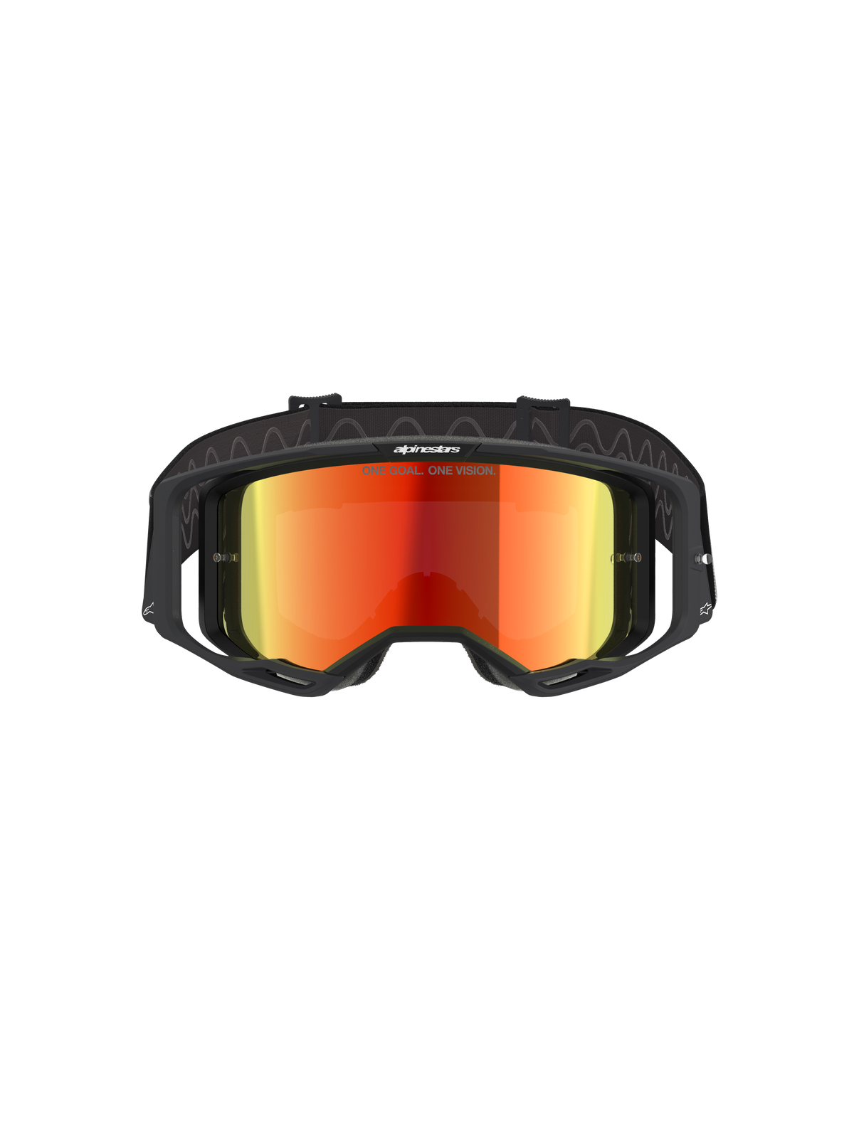 Alpinestars Vision 8 Corp Goggles, occhiali da motocross, nero e rosso specchiato, vista frontale con lente riflettente rossa e scritta 'ONE GOAL. ONE VISION.', montatura nera con ventilazione RAM-AIR, fascia nera regolabile, protezione professionale per gli occhi per gare fuoristrada