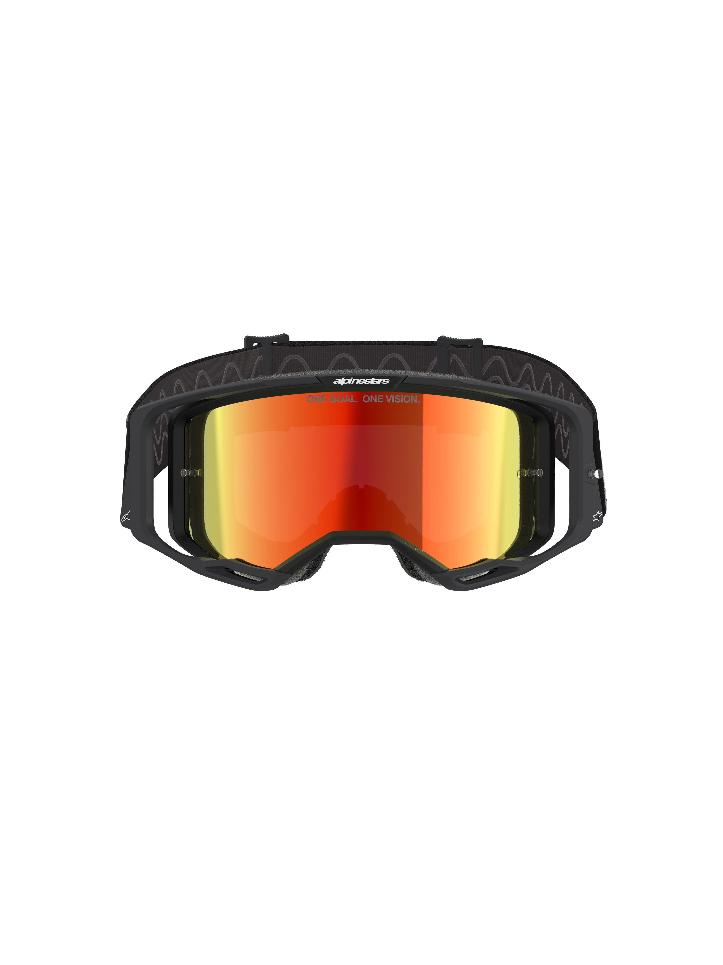 Alpinestars Vision 8 Corp Goggles, occhiali da motocross, nero e rosso specchiato, vista frontale con lente riflettente rossa e scritta 'ONE GOAL. ONE VISION.', montatura nera con ventilazione RAM-AIR, fascia nera regolabile, protezione professionale per gli occhi per gare fuoristrada