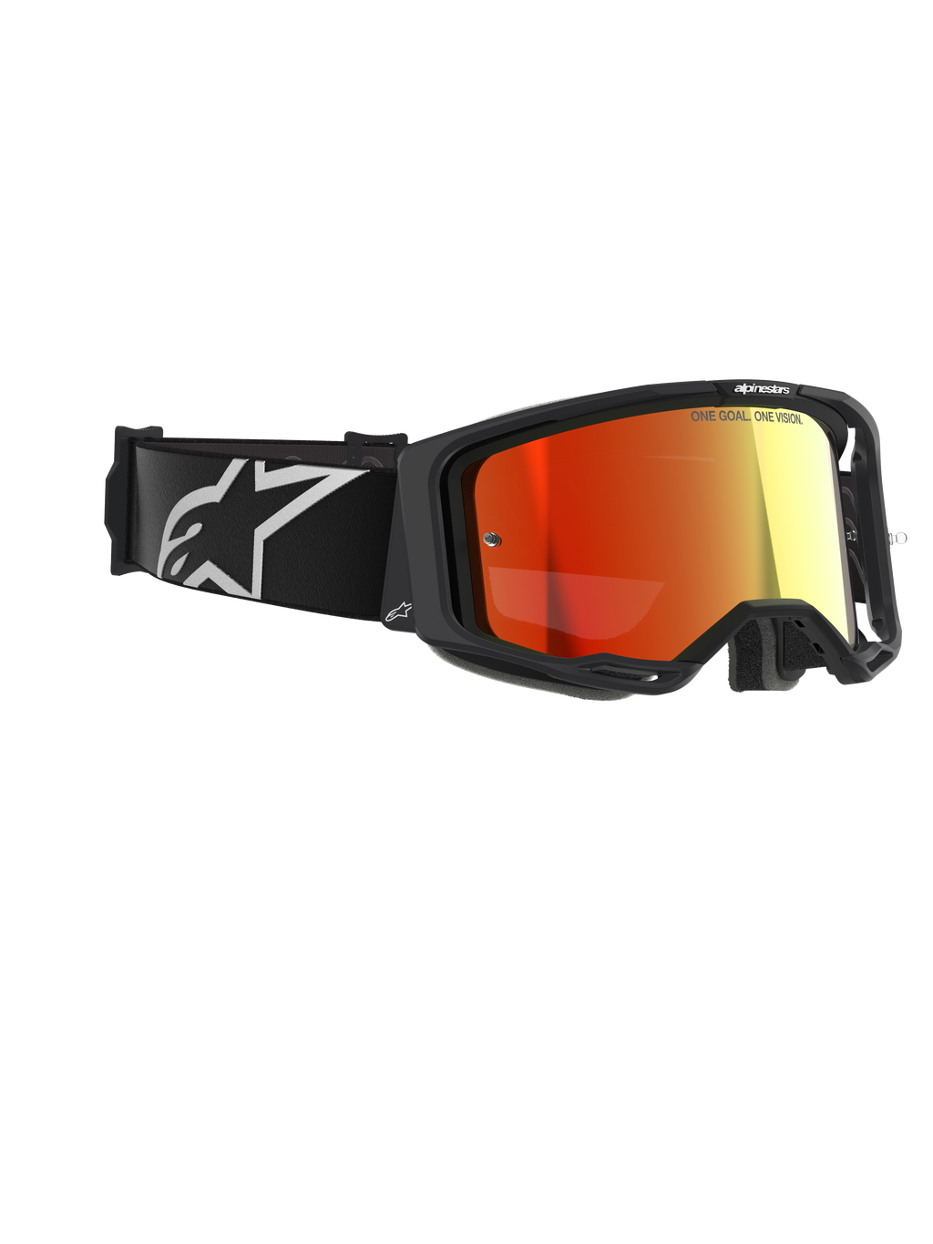 Alpinestars Vision 8 Corp Goggles, occhiali da motocross, neri con lente rossa a specchio, dotati di cinturino nero con logo Alpinestars bianco e scritta "ONE GOAL. ONE VISION." sulla lente, protezione oculare ad alte prestazioni per gare fuoristrada