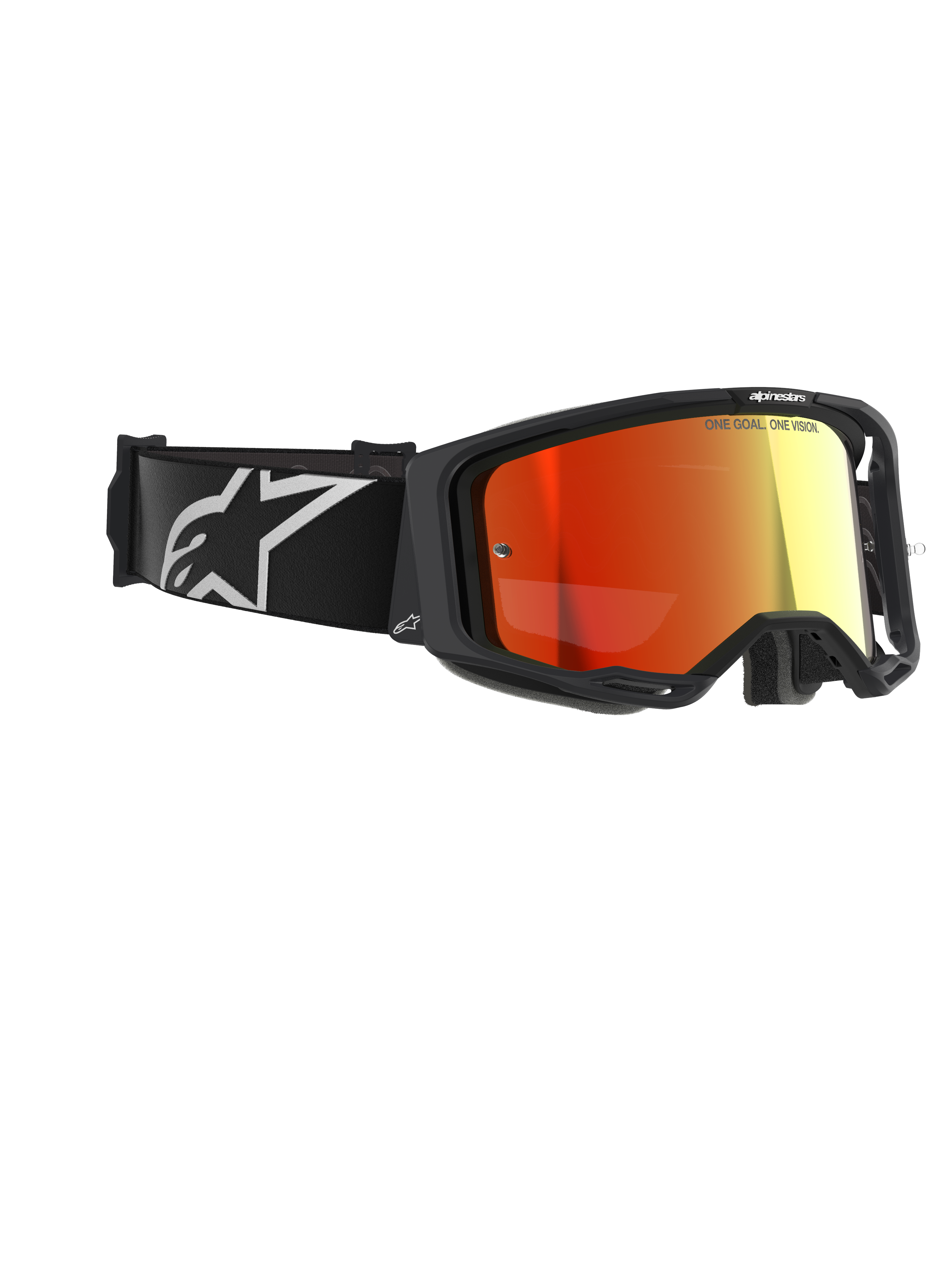 Alpinestars Vision 8 Corp Goggles, occhiali da motocross, neri con lente rossa a specchio, dotati di cinturino nero con logo Alpinestars bianco e scritta "ONE GOAL. ONE VISION." sulla lente, protezione oculare ad alte prestazioni per gare fuoristrada
