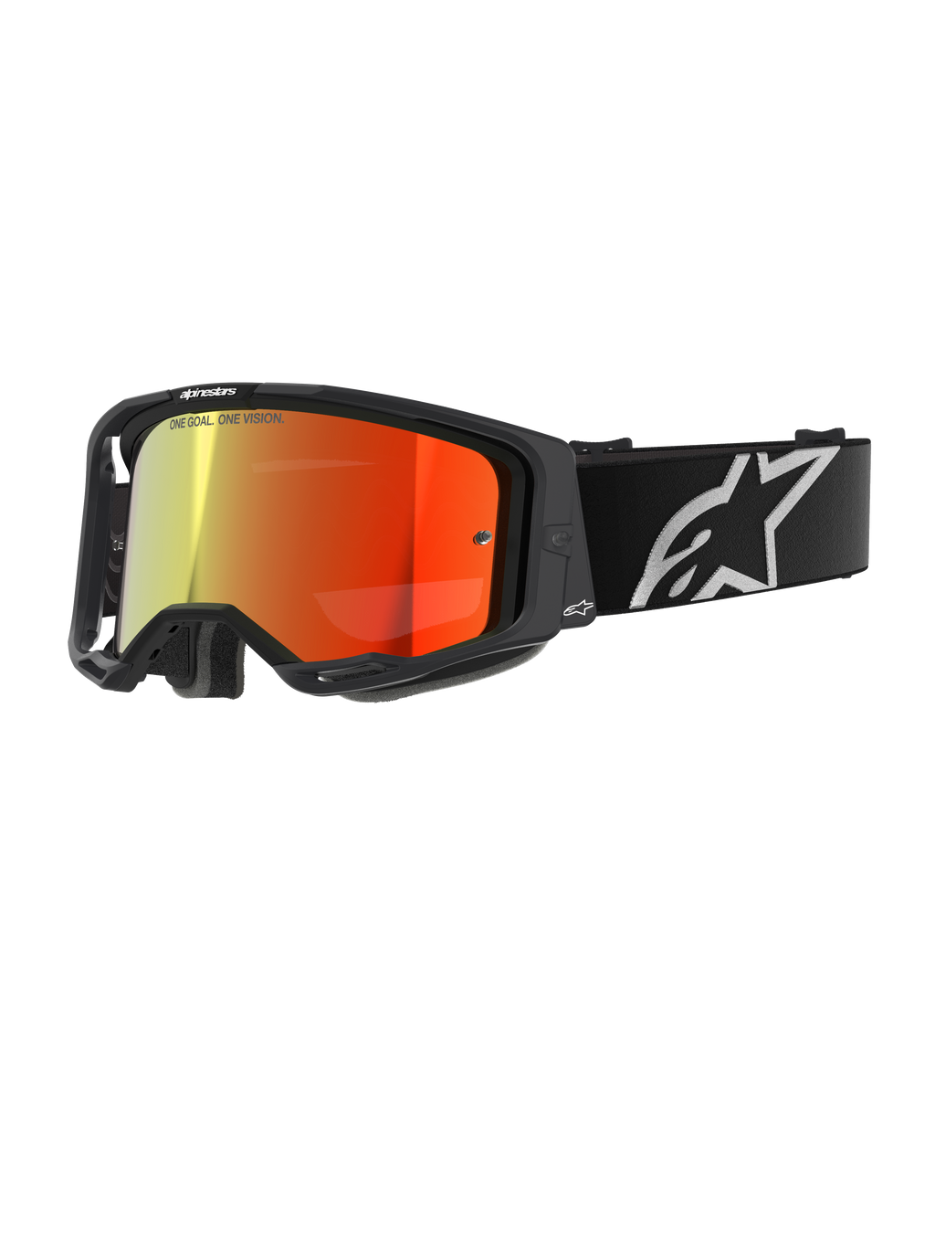 Alpinestars Vision 8 Corp Goggles, occhiali da motocross, neri con lente a specchio rossa, sfumatura riflettente dal giallo al rosso, fascia nera regolabile con grande logo a stella bianco, imbottitura facciale in schiuma grigia, design ad alte prestazioni per gare fuoristrada