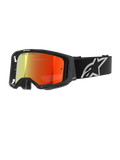 Alpinestars Vision 8 Corp Goggles, occhiali da motocross, neri con lente a specchio rossa, sfumatura riflettente dal giallo al rosso, fascia nera regolabile con grande logo a stella bianco, imbottitura facciale in schiuma grigia, design ad alte prestazioni per gare fuoristrada