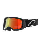 Alpinestars Vision 8 Corp Goggles, occhiali da motocross, neri con lente a specchio rossa, sfumatura riflettente dal giallo al rosso, fascia nera regolabile con grande logo a stella bianco, imbottitura facciale in schiuma grigia, design ad alte prestazioni per gare fuoristrada