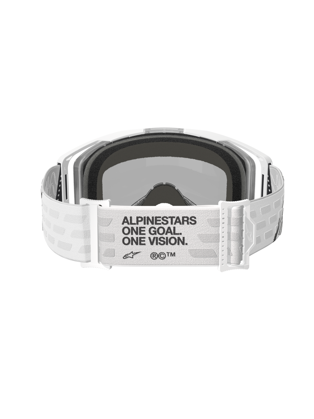 Alpinestars Vision 8 Corp Goggles, occhiali da motocross, bianco con lente argento specchiato, vista posteriore con ampia fascia bianca in tessuto e testo nero 'ALPINESTARS ONE GOAL. ONE VISION.', fibbie regolabili e morbida spugna facciale, progettati per prestazioni off-road