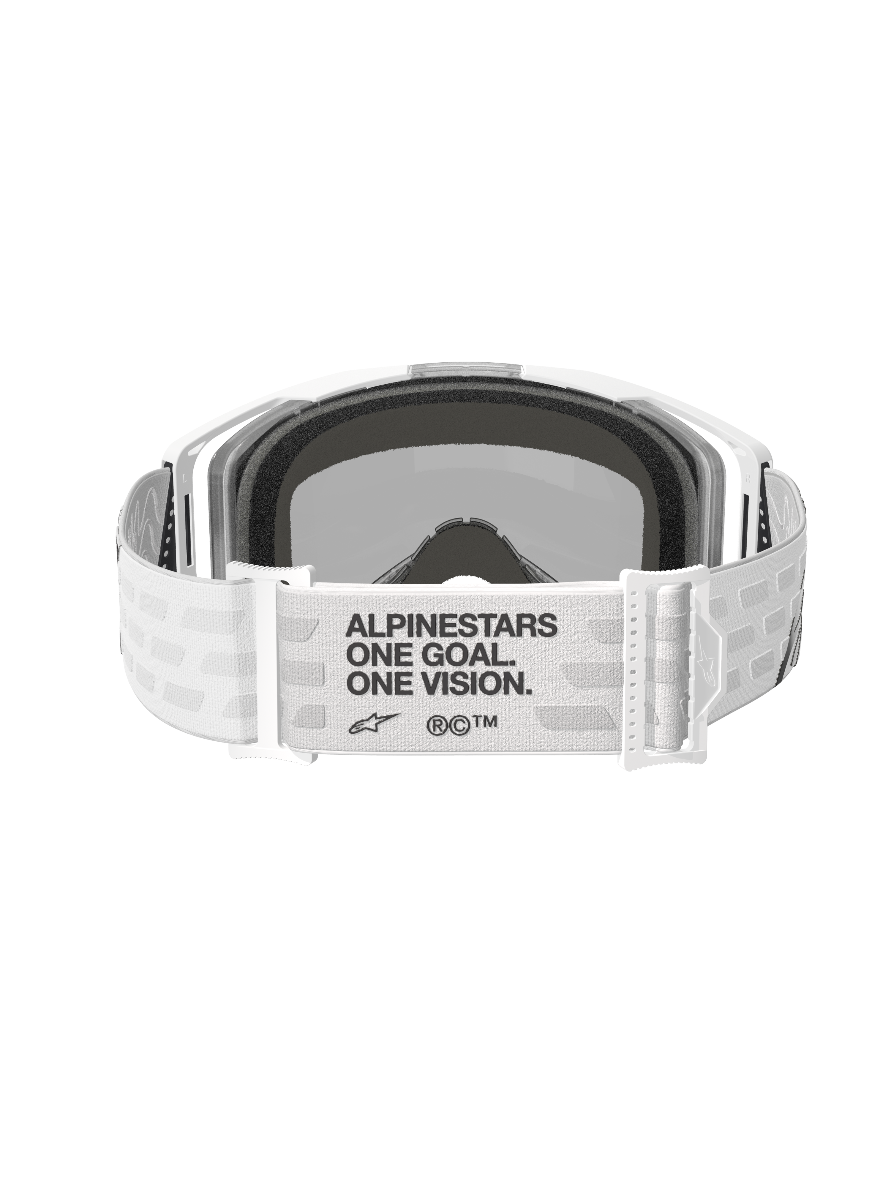 Alpinestars Vision 8 Corp Goggles, occhiali da motocross, bianco con lente argento specchiato, vista posteriore con ampia fascia bianca in tessuto e testo nero 'ALPINESTARS ONE GOAL. ONE VISION.', fibbie regolabili e morbida spugna facciale, progettati per prestazioni off-road