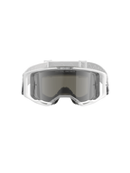 Alpinestars Vision 8 Corp Goggles, occhiali da motocross, bianco con lente Mirror Silver, vista frontale con lente in policarbonato grandangolare, sistema di ventilazione RAM-AIR e cinghia intrecciata bianca con marchio.