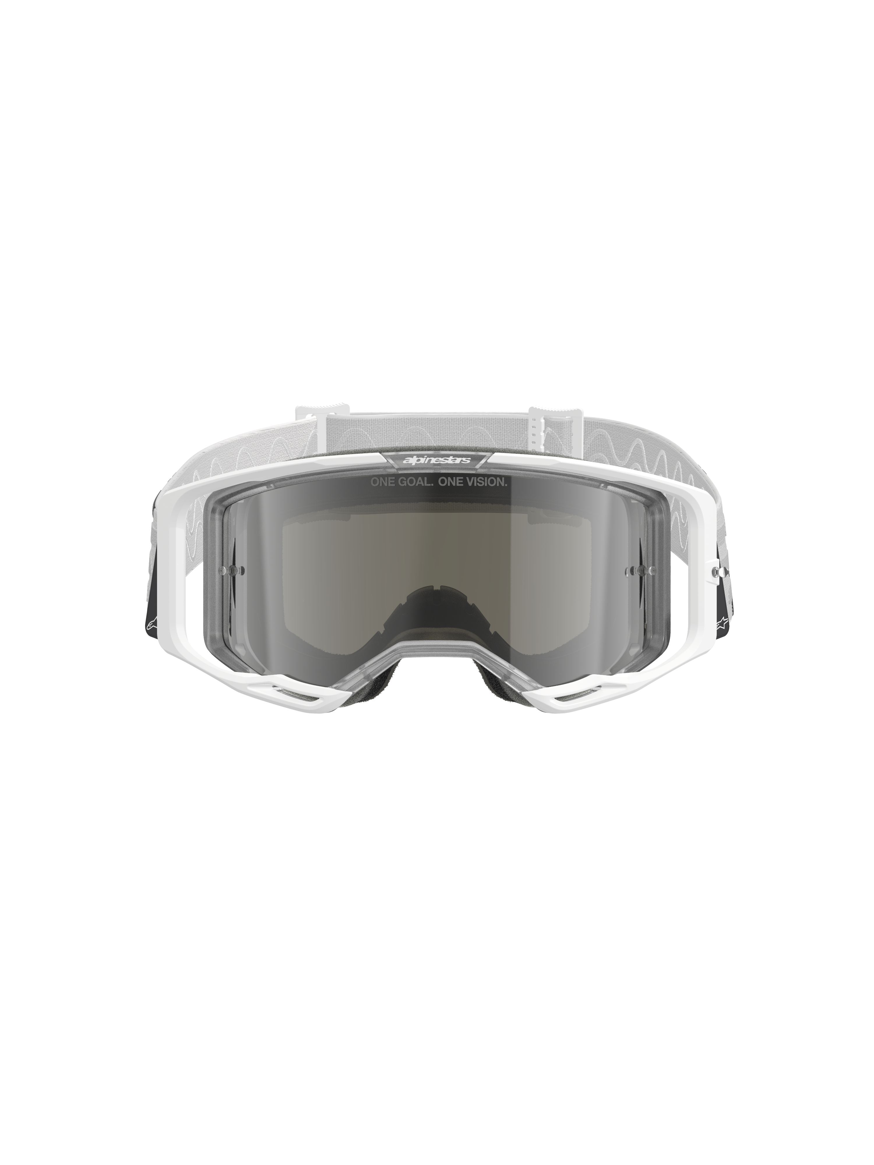 Alpinestars Vision 8 Corp Goggles, occhiali da motocross, bianco con lente Mirror Silver, vista frontale con lente in policarbonato grandangolare, sistema di ventilazione RAM-AIR e cinghia intrecciata bianca con marchio.