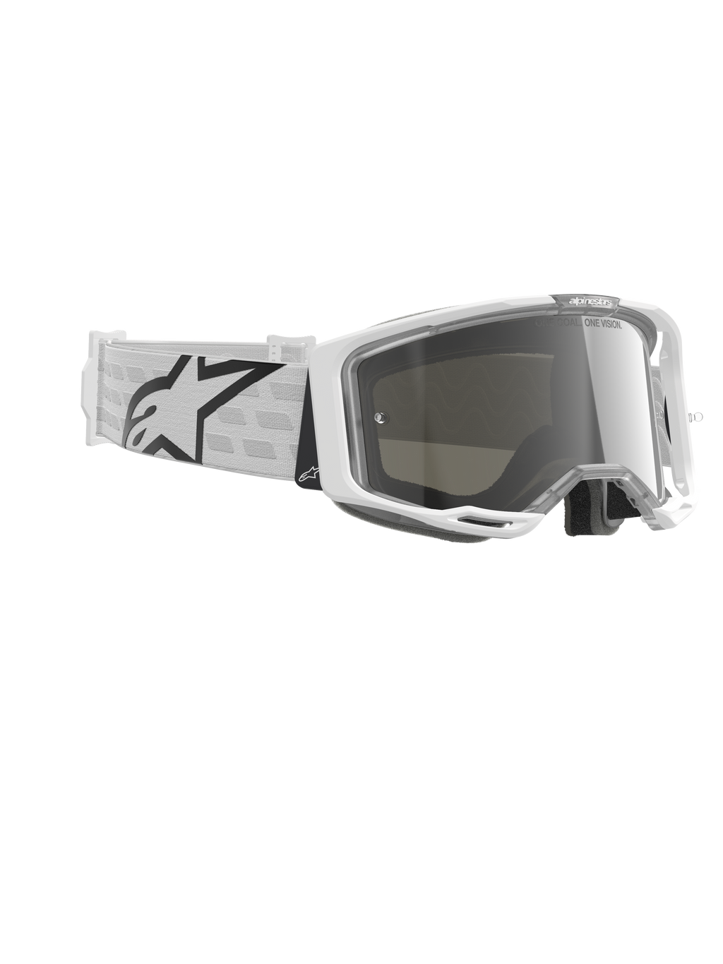 Alpinestars Vision 8 Corp Goggles, occhiali da motocross, bianco e argento a specchio, con montatura A-FLEX bianca, lente a specchio argento e fascia intrecciata bianca con un grande logo a stella Alpinestars nero