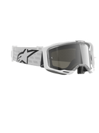 Alpinestars Vision 8 Corp Goggles, occhiali da motocross, bianco e argento a specchio, con montatura A-FLEX bianca, lente a specchio argento e fascia intrecciata bianca con un grande logo a stella Alpinestars nero