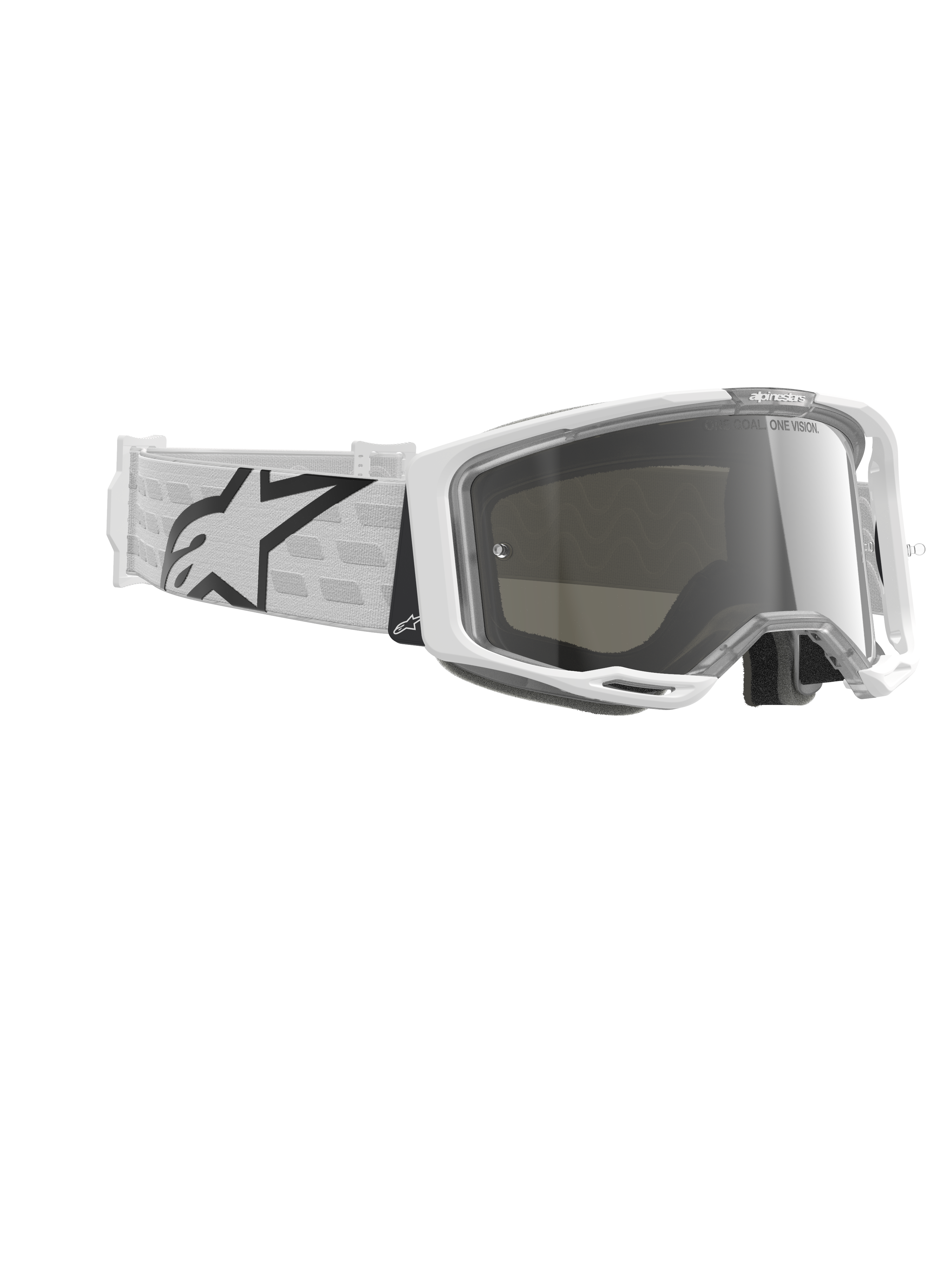 Alpinestars Vision 8 Corp Goggles, occhiali da motocross, bianco e argento a specchio, con montatura A-FLEX bianca, lente a specchio argento e fascia intrecciata bianca con un grande logo a stella Alpinestars nero