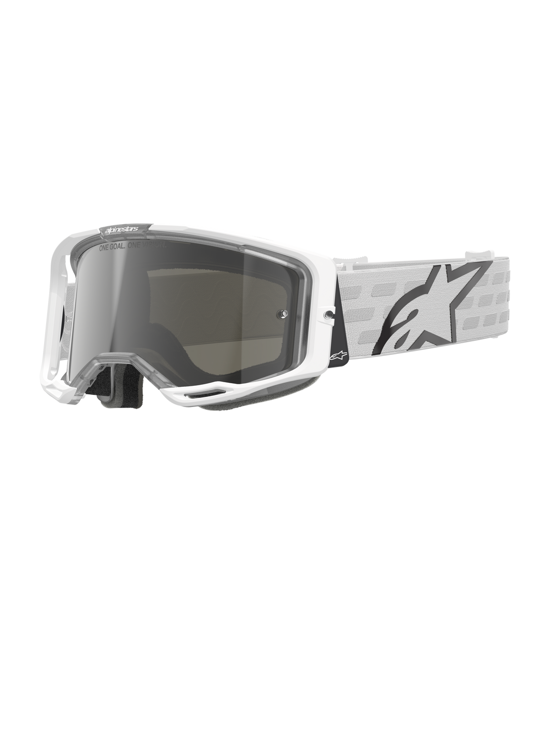 Alpinestars Vision 8 Corp Goggles, occhiali da motocross bianchi, lente specchiata argento, fascia con motivo grigio e bianco, occhiali per corse fuoristrada, imbottitura confortevole, montatura rettangolare moderna