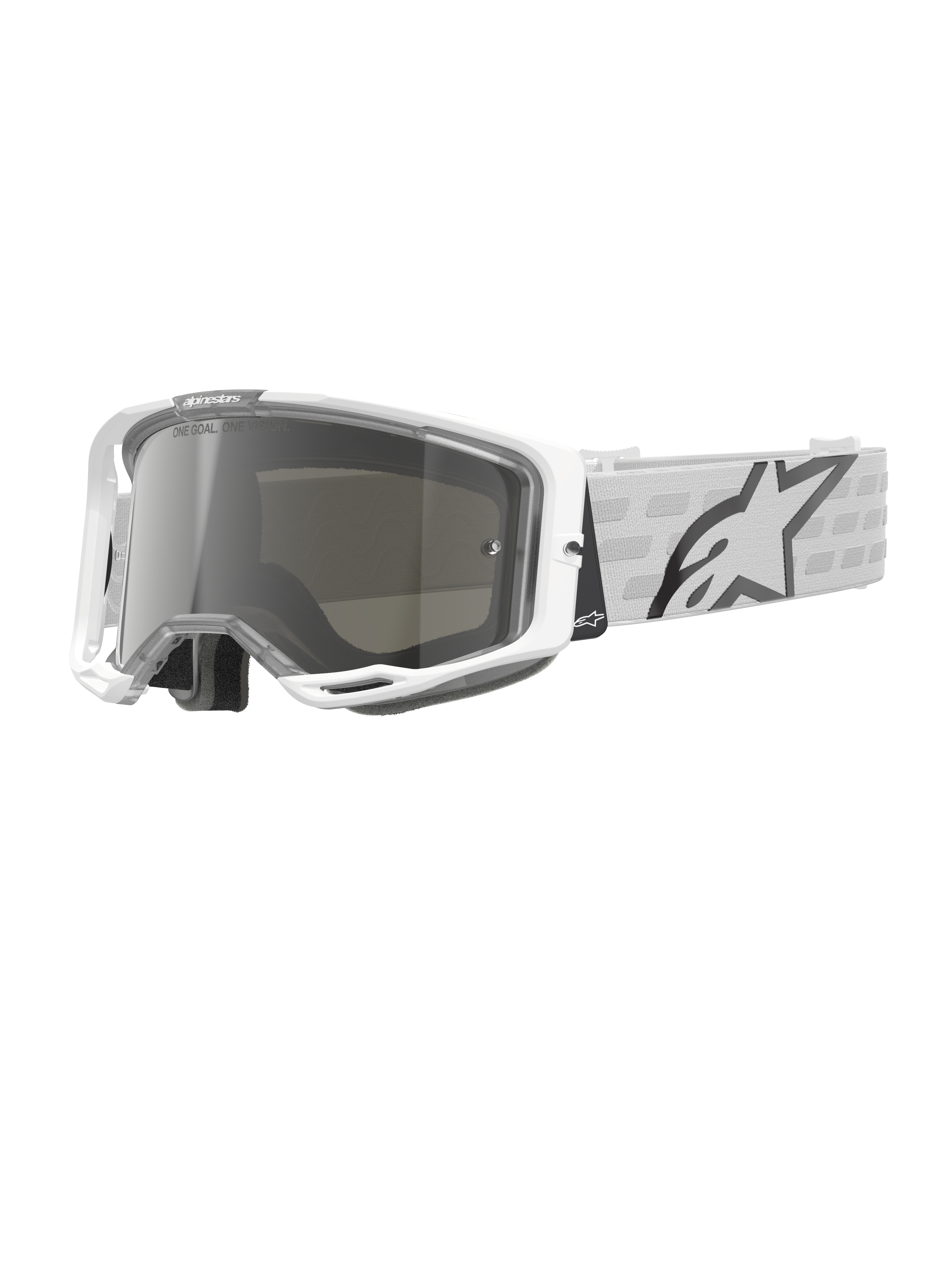 Alpinestars Vision 8 Corp Goggles, occhiali da motocross bianchi, lente specchiata argento, fascia con motivo grigio e bianco, occhiali per corse fuoristrada, imbottitura confortevole, montatura rettangolare moderna