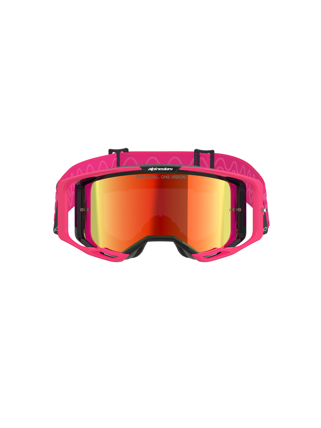 Alpinestars Vision 8 Corp Goggles, maschere da motocross, montatura rosa con lente Mirror Red, dotate di ampia fascia rosa con motivo in silicone a onde, telaio A-FLEX con outriggers, occhiali off-road ad alte prestazioni