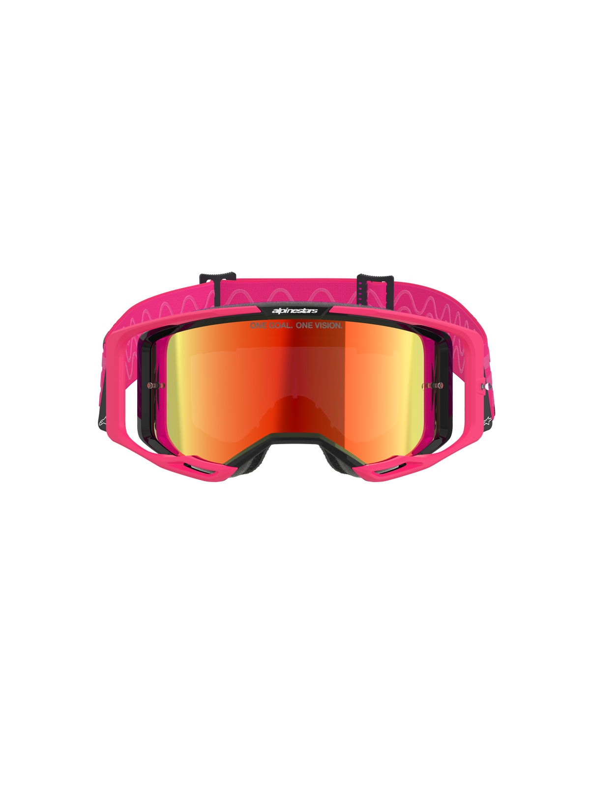 Alpinestars Vision 8 Corp Goggles, maschere da motocross, montatura rosa con lente Mirror Red, dotate di ampia fascia rosa con motivo in silicone a onde, telaio A-FLEX con outriggers, occhiali off-road ad alte prestazioni