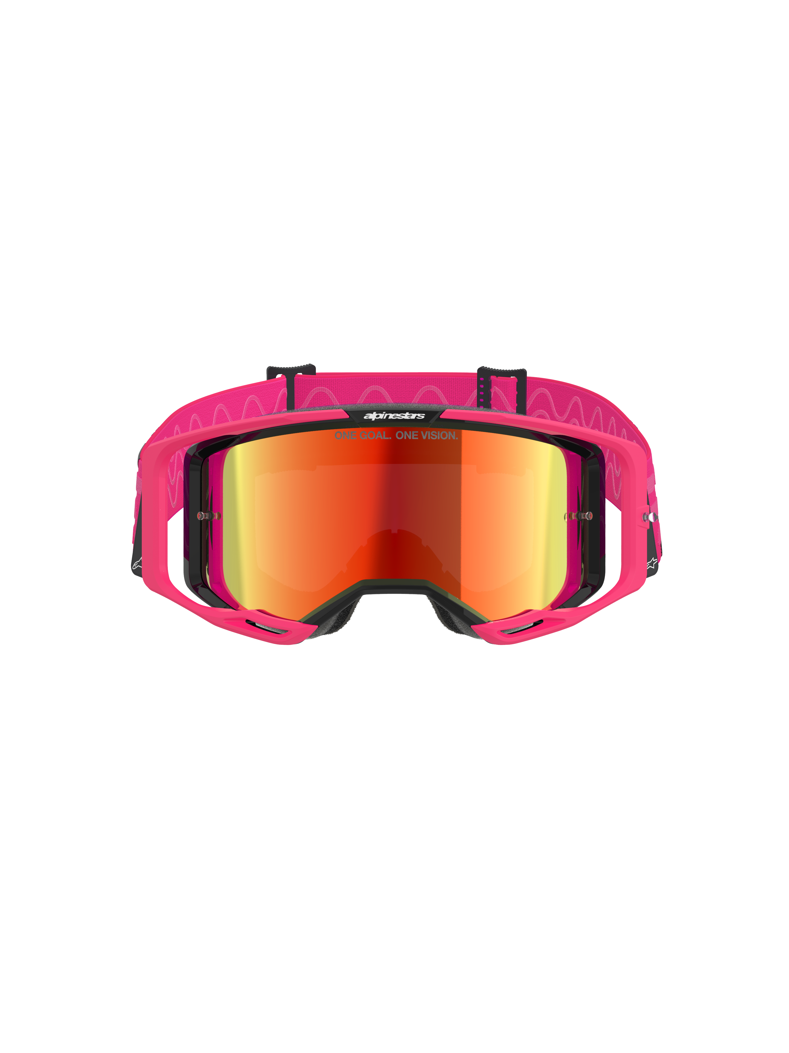 Alpinestars Vision 8 Corp Goggles, maschere da motocross, montatura rosa con lente Mirror Red, dotate di ampia fascia rosa con motivo in silicone a onde, telaio A-FLEX con outriggers, occhiali off-road ad alte prestazioni