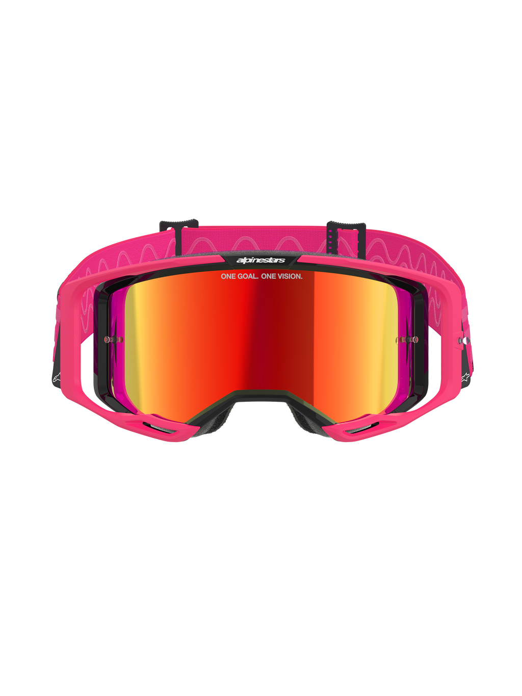 Alpinestars Vision 8 Corp Goggles, occhiali da motocross, Rosa Mirror Red, con montatura A-FLEX rosa e lente rossa a specchio, fascia rosa con motivi ondulati bianchi e logo, occhiali professionali per corse fuoristrada
