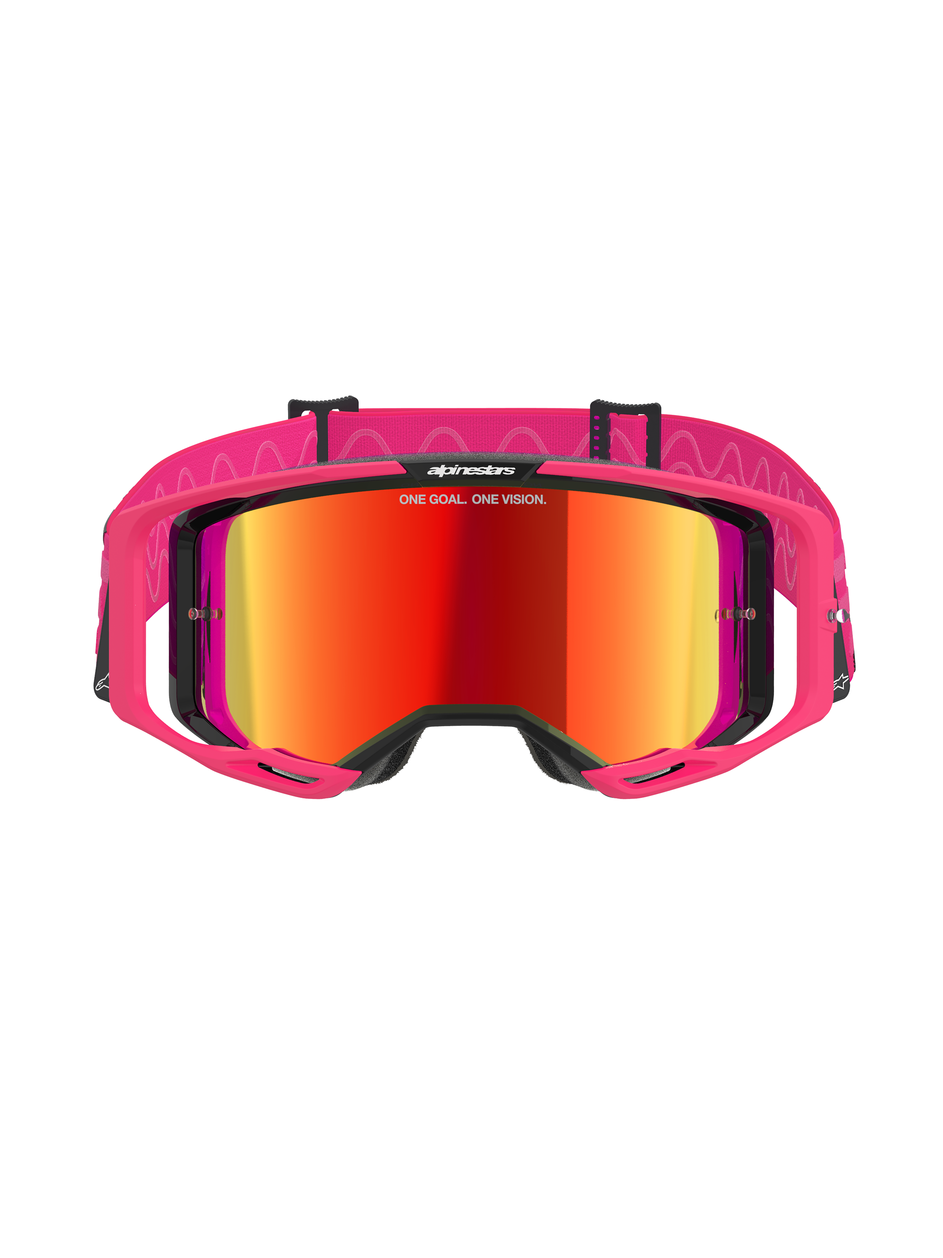 Alpinestars Vision 8 Corp Goggles, occhiali da motocross, Rosa Mirror Red, con montatura A-FLEX rosa e lente rossa a specchio, fascia rosa con motivi ondulati bianchi e logo, occhiali professionali per corse fuoristrada